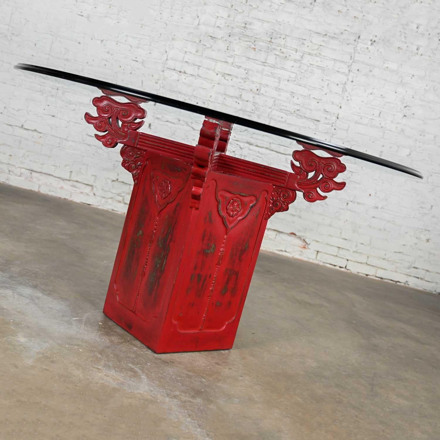 Chinoiserie Dining Table Distressed Red Asian Pedestal Base & Round Glass Top For Sale 4