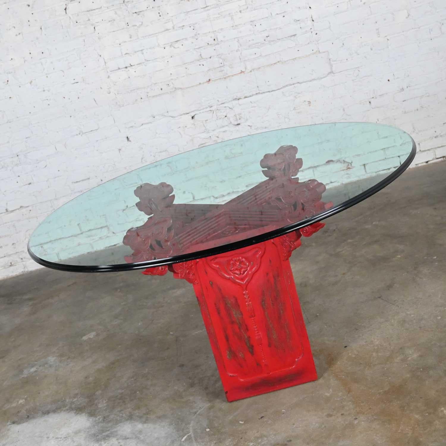 Chinoiserie Dining Table Distressed Red Asian Pedestal Base & Round Glass Top For Sale 5