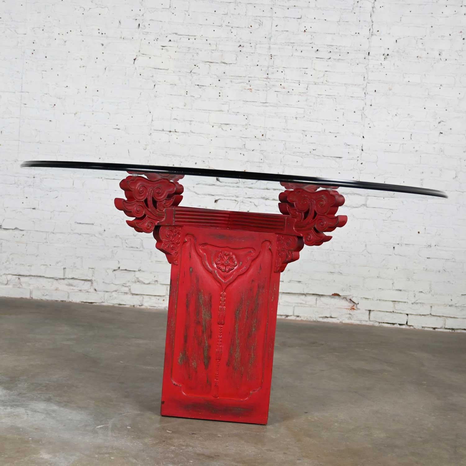 Chinoiserie Dining Table Distressed Red Asian Pedestal Base & Round Glass Top For Sale 6
