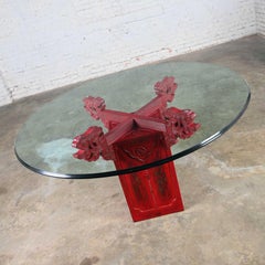 Chinoiserie Dining Table Distressed Red Asian Pedestal Base & Round Glass Top
