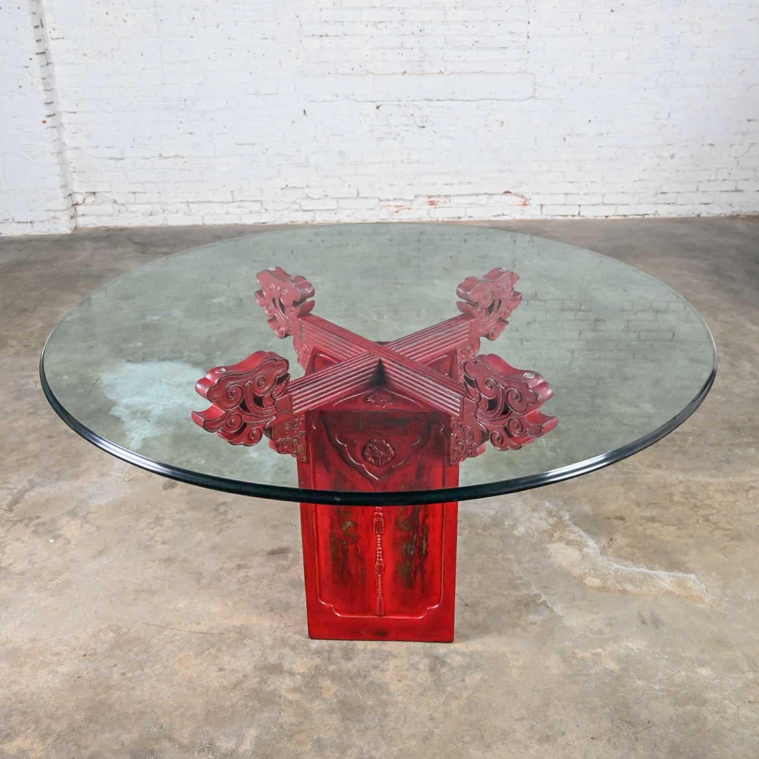 Unknown Chinoiserie Dining Table Distressed Red Asian Pedestal Base & Round Glass Top For Sale