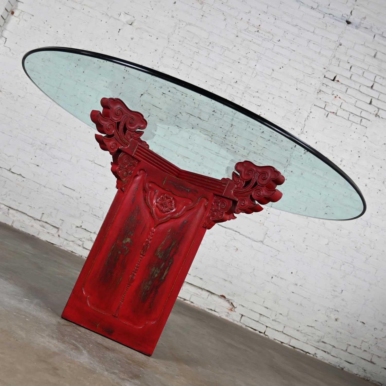 20th Century Chinoiserie Dining Table Distressed Red Asian Pedestal Base & Round Glass Top For Sale