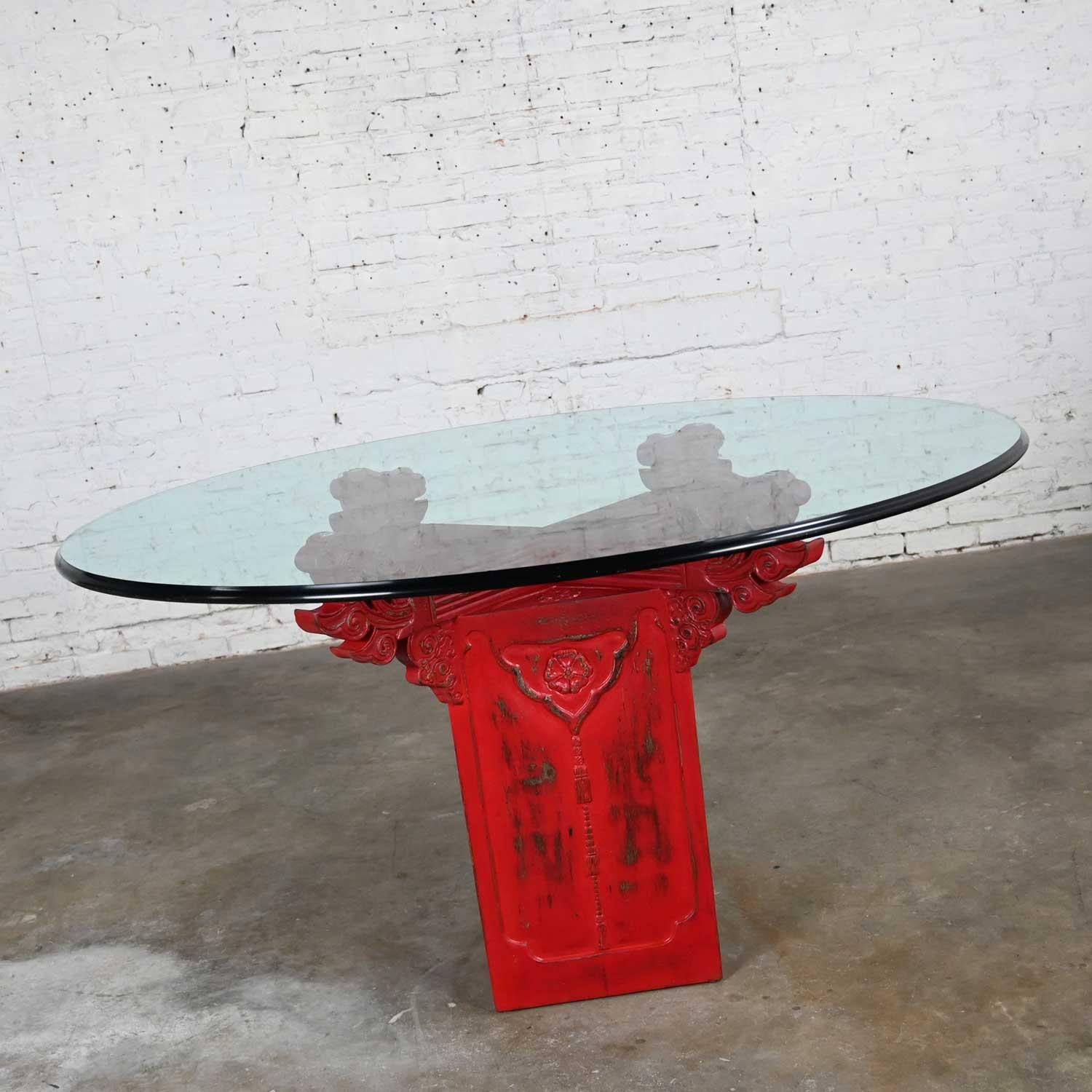 Chinoiserie Dining Table Distressed Red Asian Pedestal Base & Round Glass Top For Sale 1