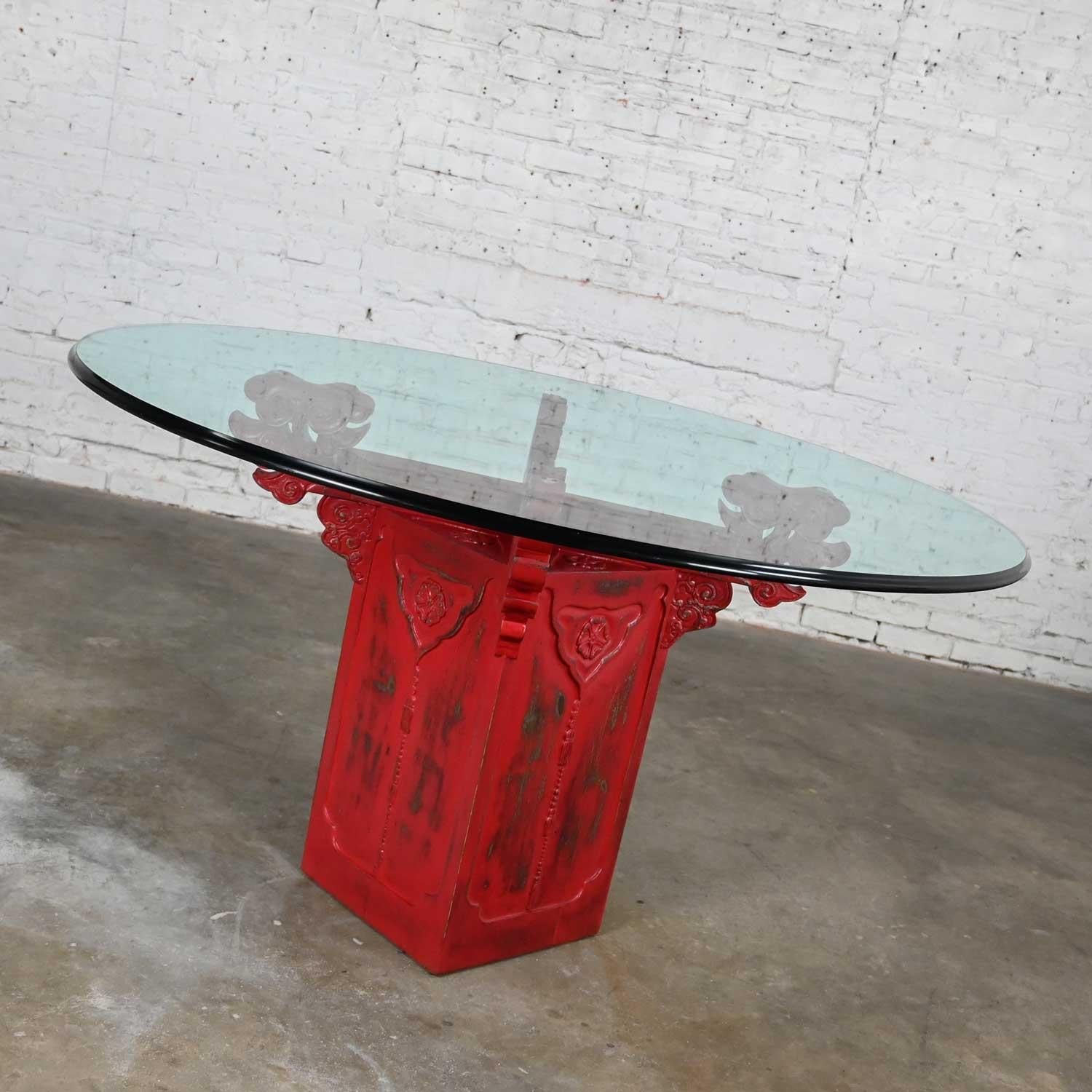 Chinoiserie Dining Table Distressed Red Asian Pedestal Base & Round Glass Top For Sale 2