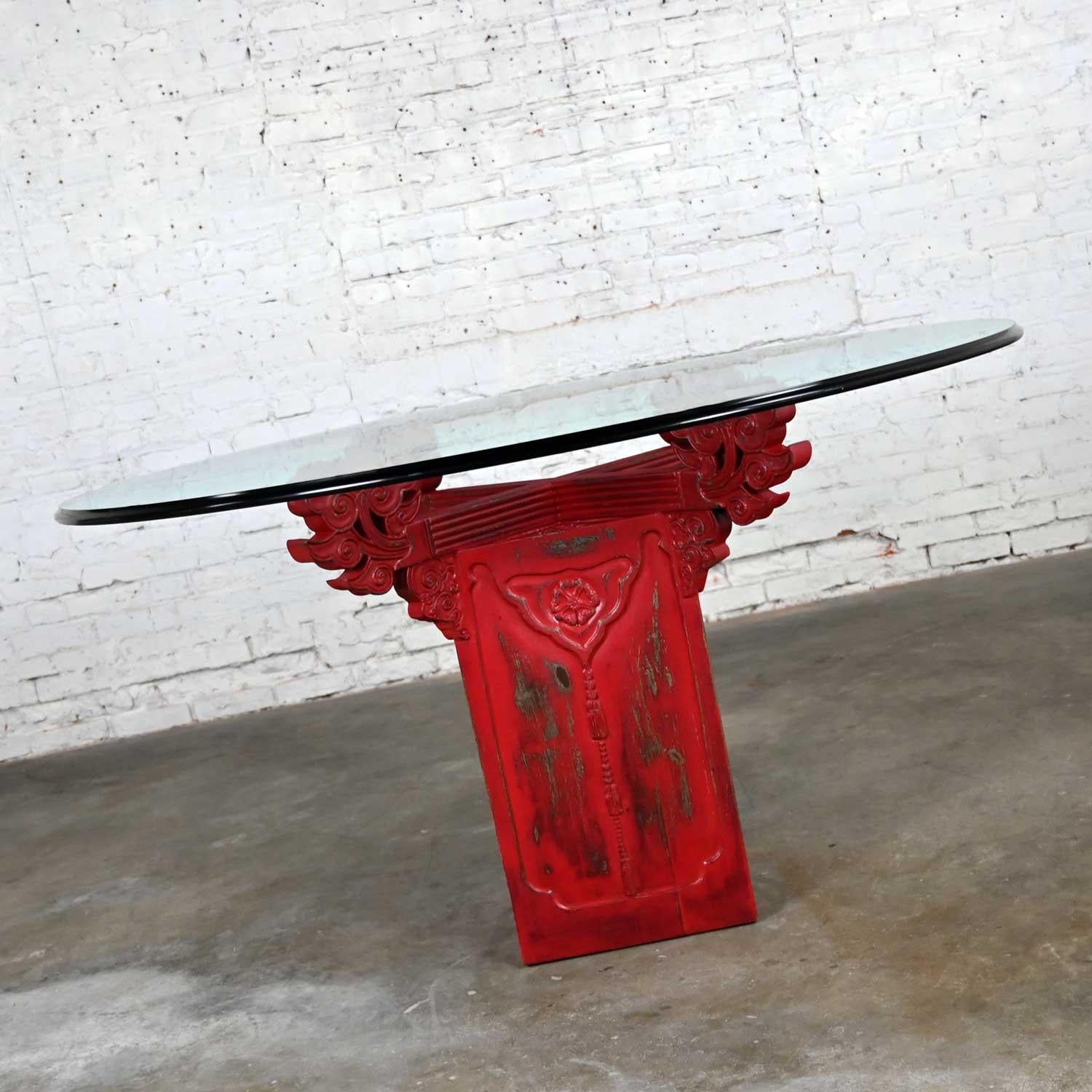 Chinoiserie Dining Table Distressed Red Asian Pedestal Base & Round Glass Top For Sale 3