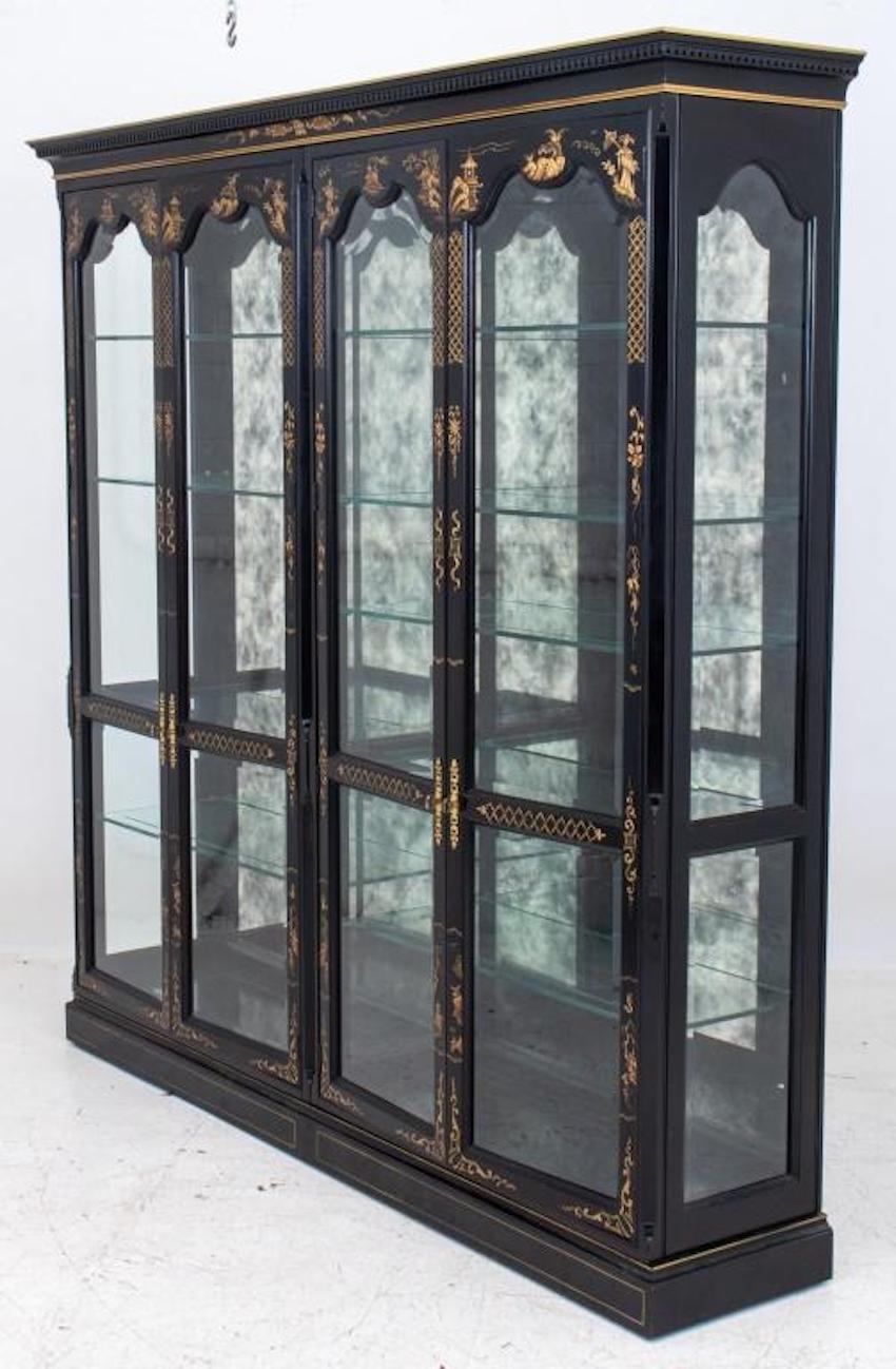  Chinoiserie Display Cabinet / Hand Gilt Black Lacquered Wood Vitrine In Good Condition For Sale In Tarry Town, NY