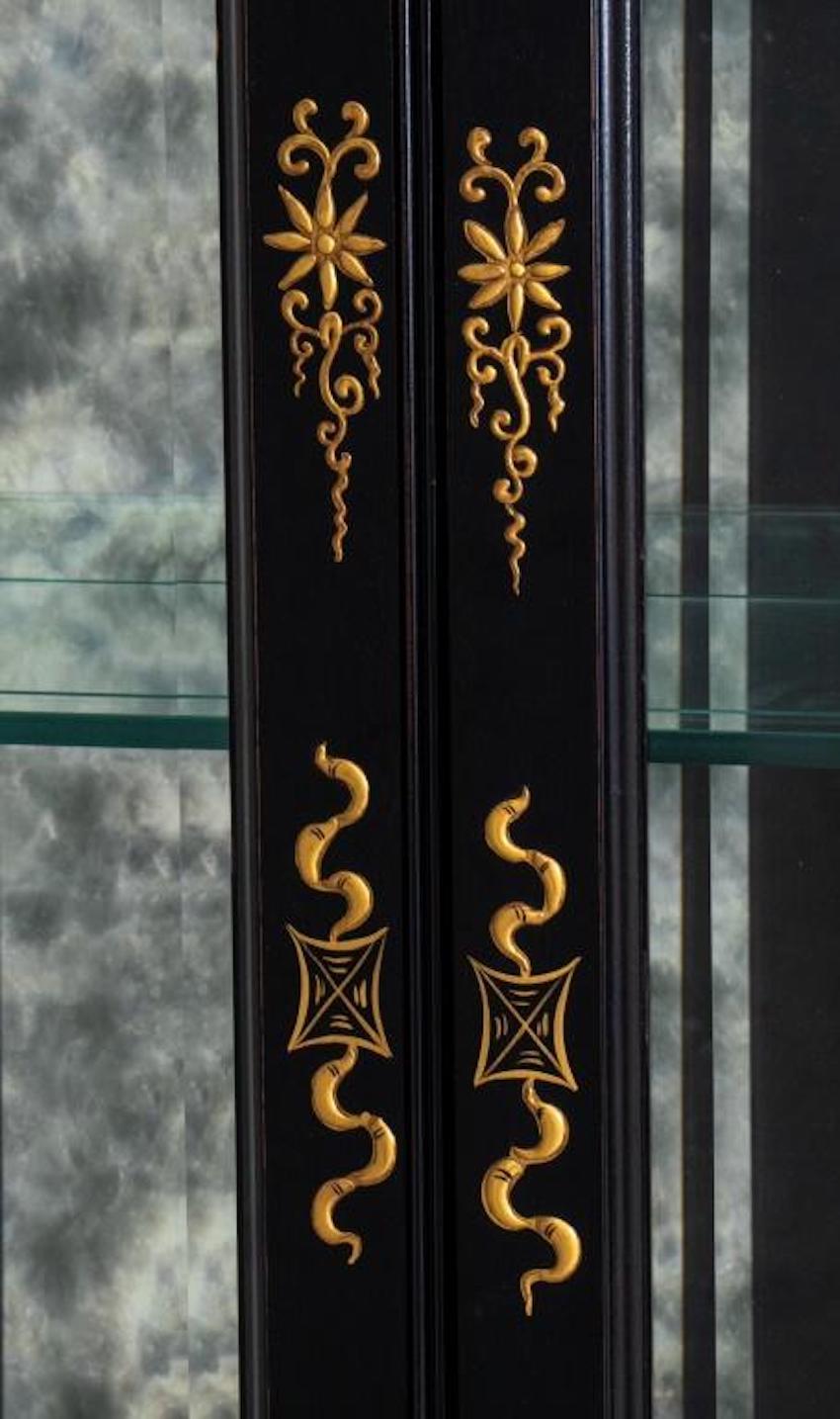 Gold  Chinoiserie Display Cabinet / Hand Gilt Black Lacquered Wood Vitrine For Sale