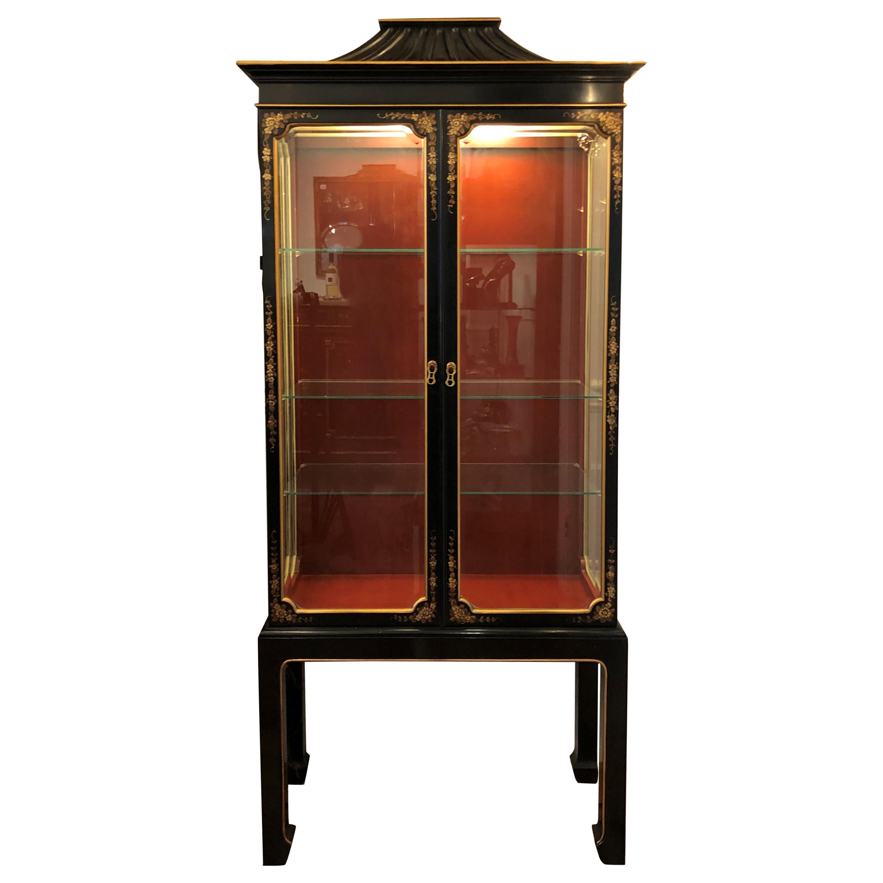Chinoiserie Display Cabinet, Lit, with Red Interior, Vitrine, Midcentury, Black