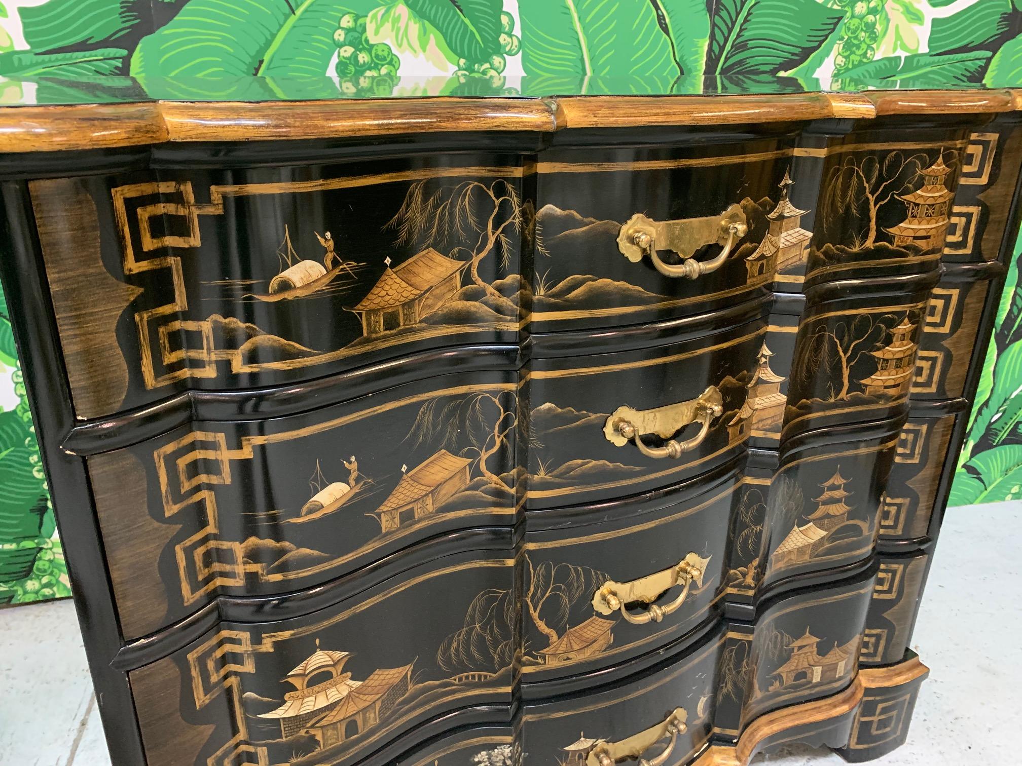 Pair of dressers by Baker Furniture in Chinoiserie style, perfect for any Asian or Hollywood Regency decor. Part of the Collector's Edition series, these Dutch chests reflect the influence of both English and French styles with their pronounced