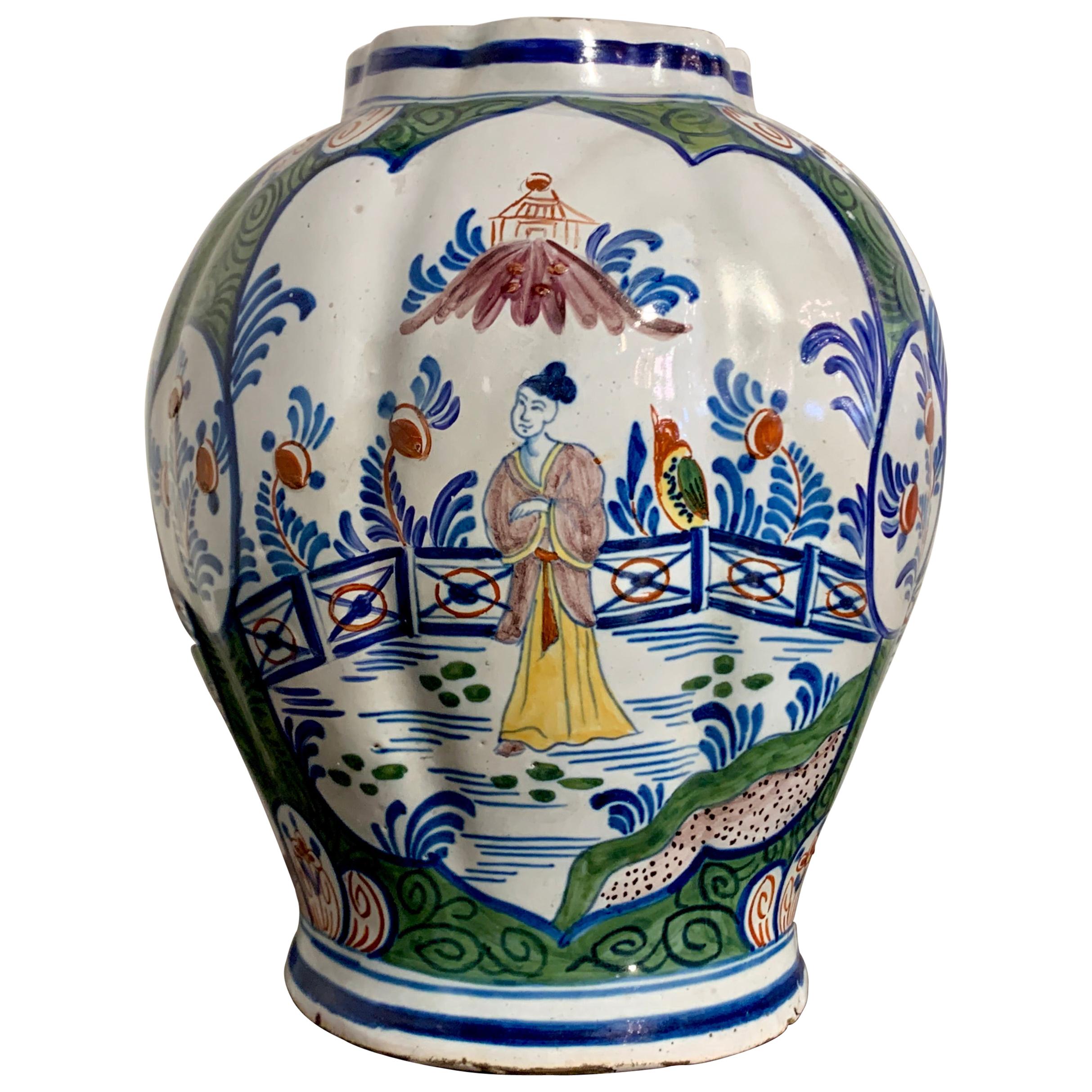Chinoiserie Dutch Delft Polychrome Faience Lobed Jar, 18th Century, Holland
