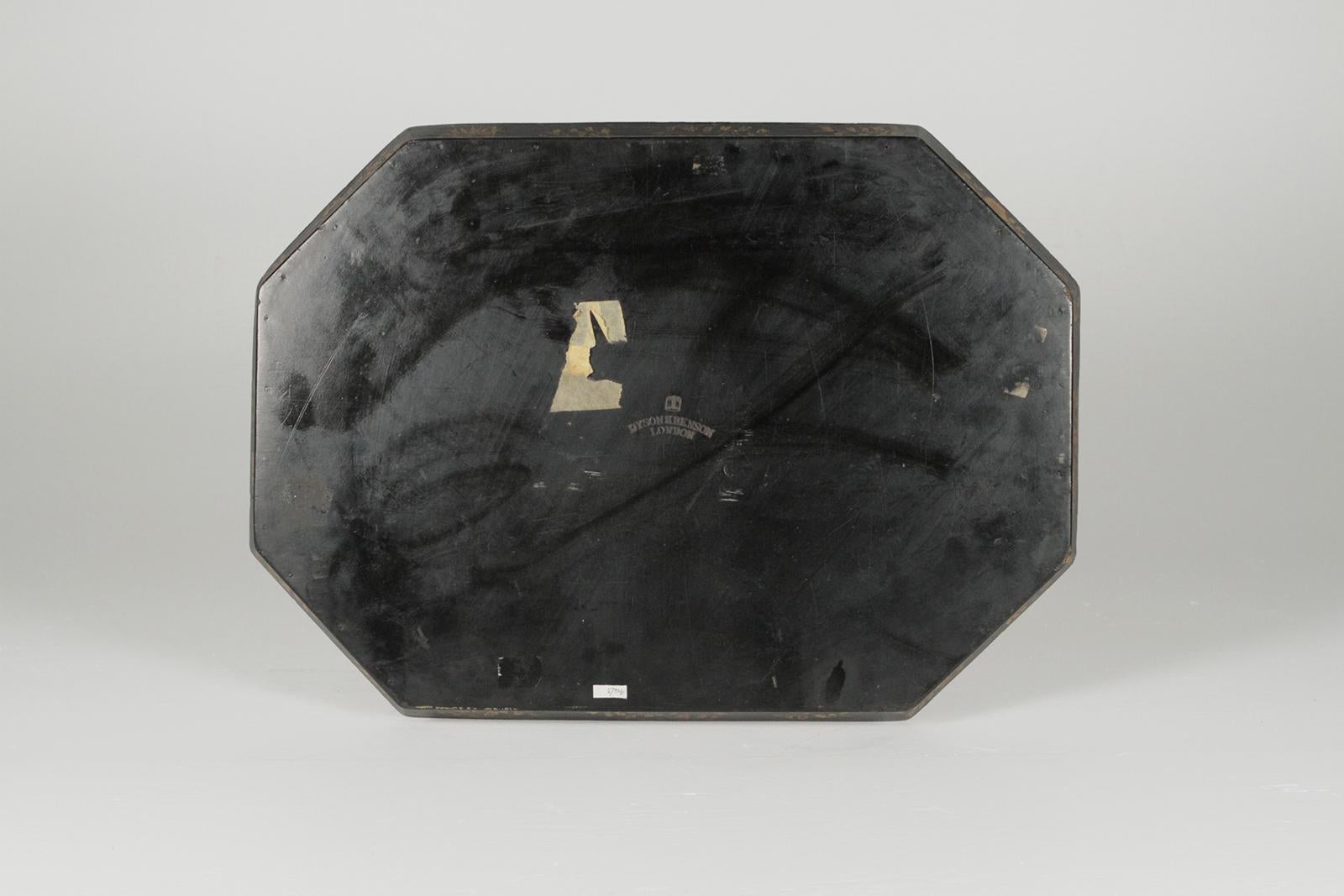 English late 19th century chinoiserie tray by Dyson and Benson, London. Papier mâché with a black lacquer and Asian inspired decoration. Elegant English aristocratic sty, well cared for condition.