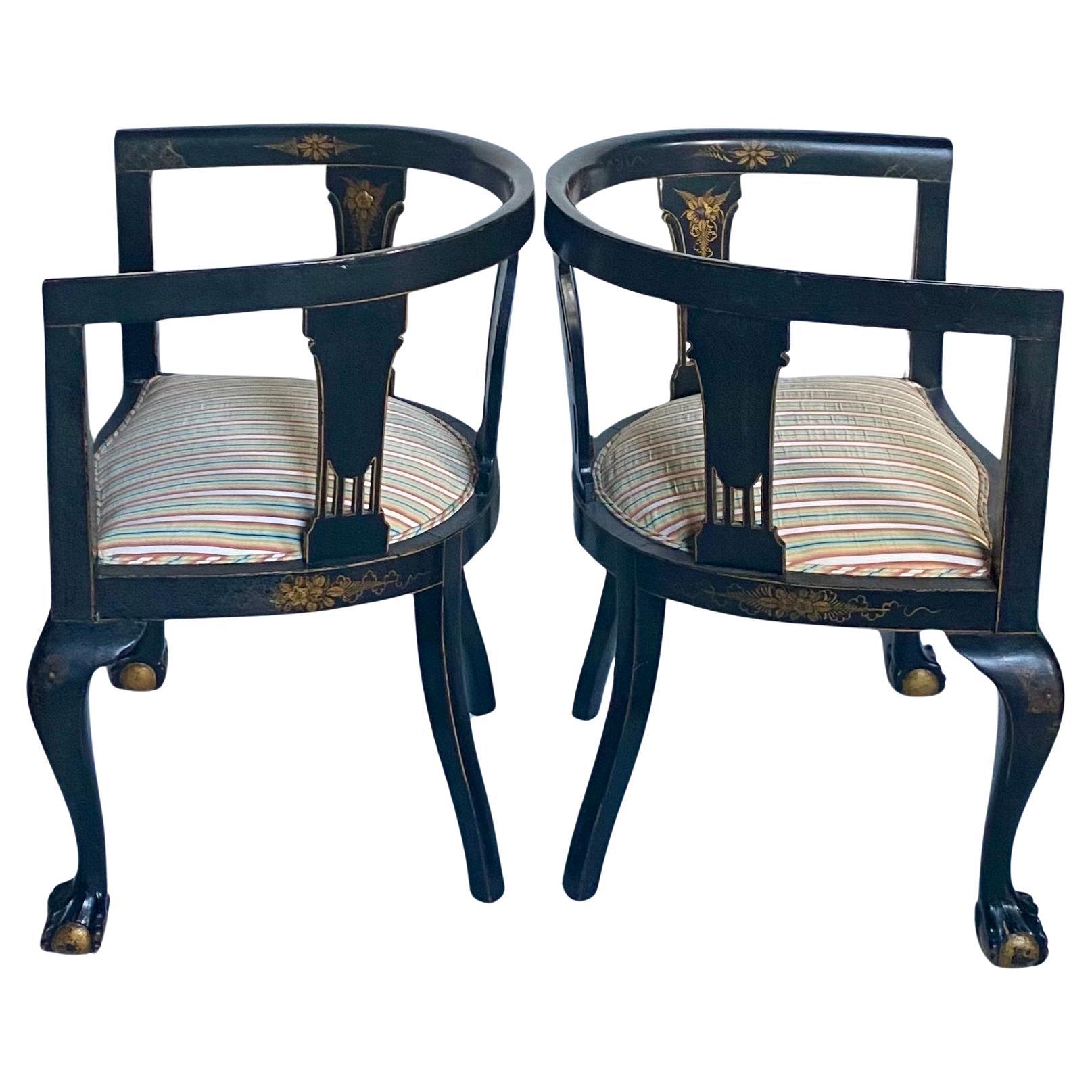 20th Century Chinoiserie Ebonized Gilt Accent Clawfoot Tub Armchairs, Pair  For Sale