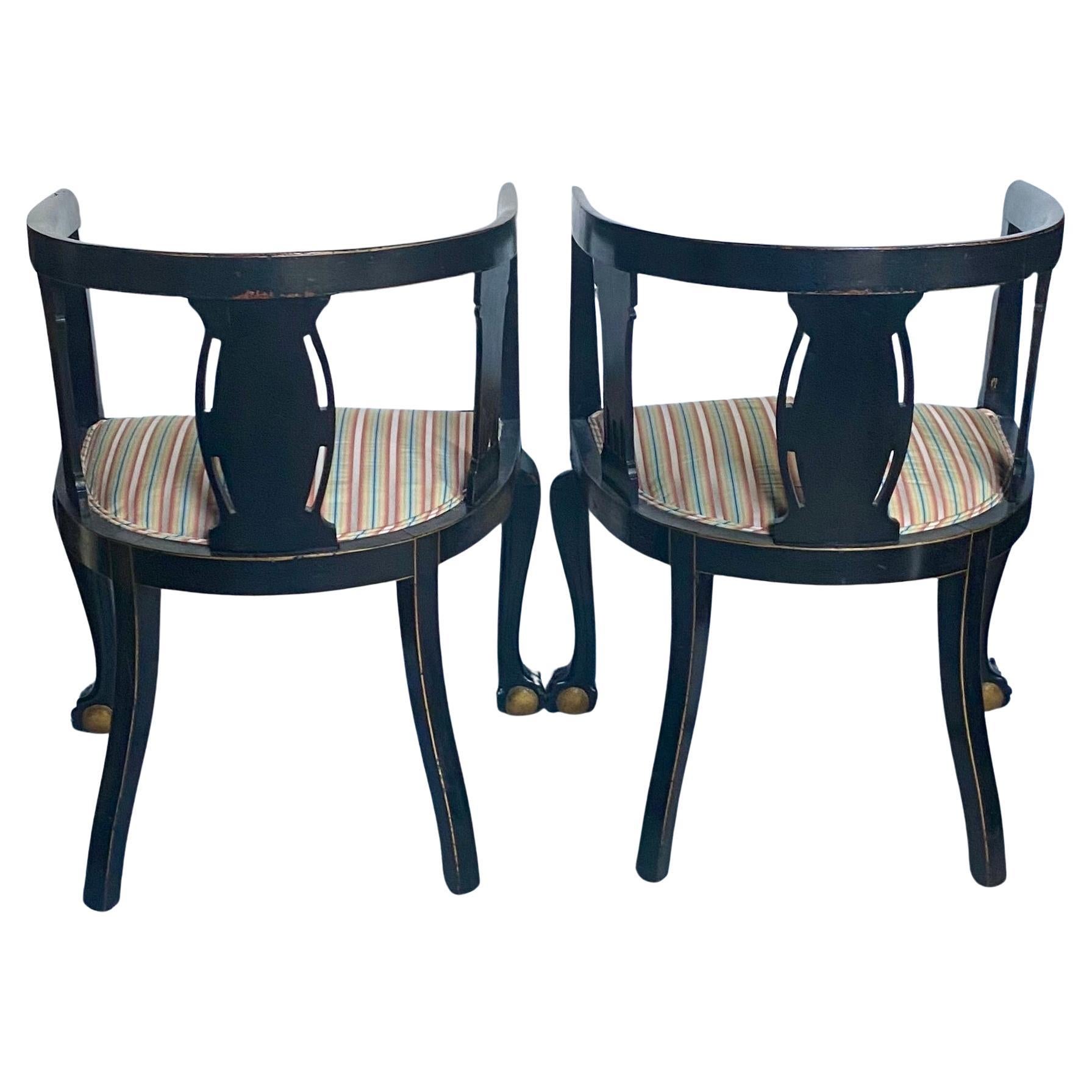 Upholstery Chinoiserie Ebonized Gilt Accent Clawfoot Tub Armchairs, Pair  For Sale