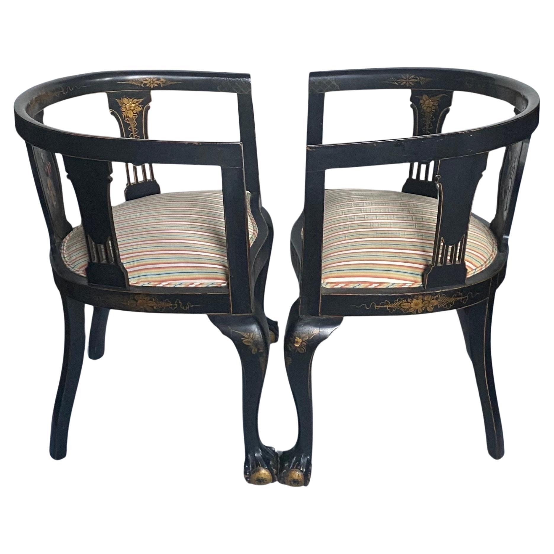 Chinoiserie Ebonized Gilt Accent Clawfoot Tub Armchairs, Pair  For Sale 1