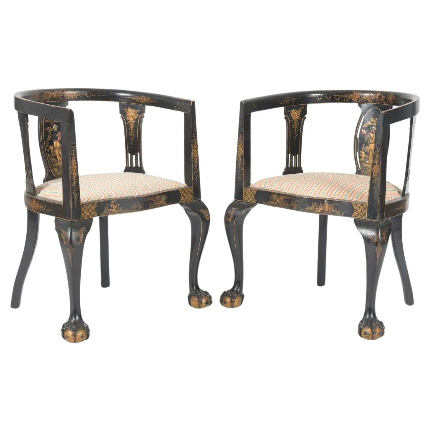Chinoiserie Ebonized Gilt Accent Clawfoot Tub Armchairs, Pair  For Sale