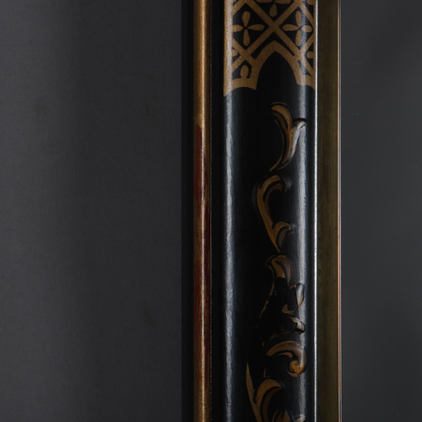 European Chinoiserie Ebonized and Gilt Decorated Parclose Wall Mirror, 20th Century