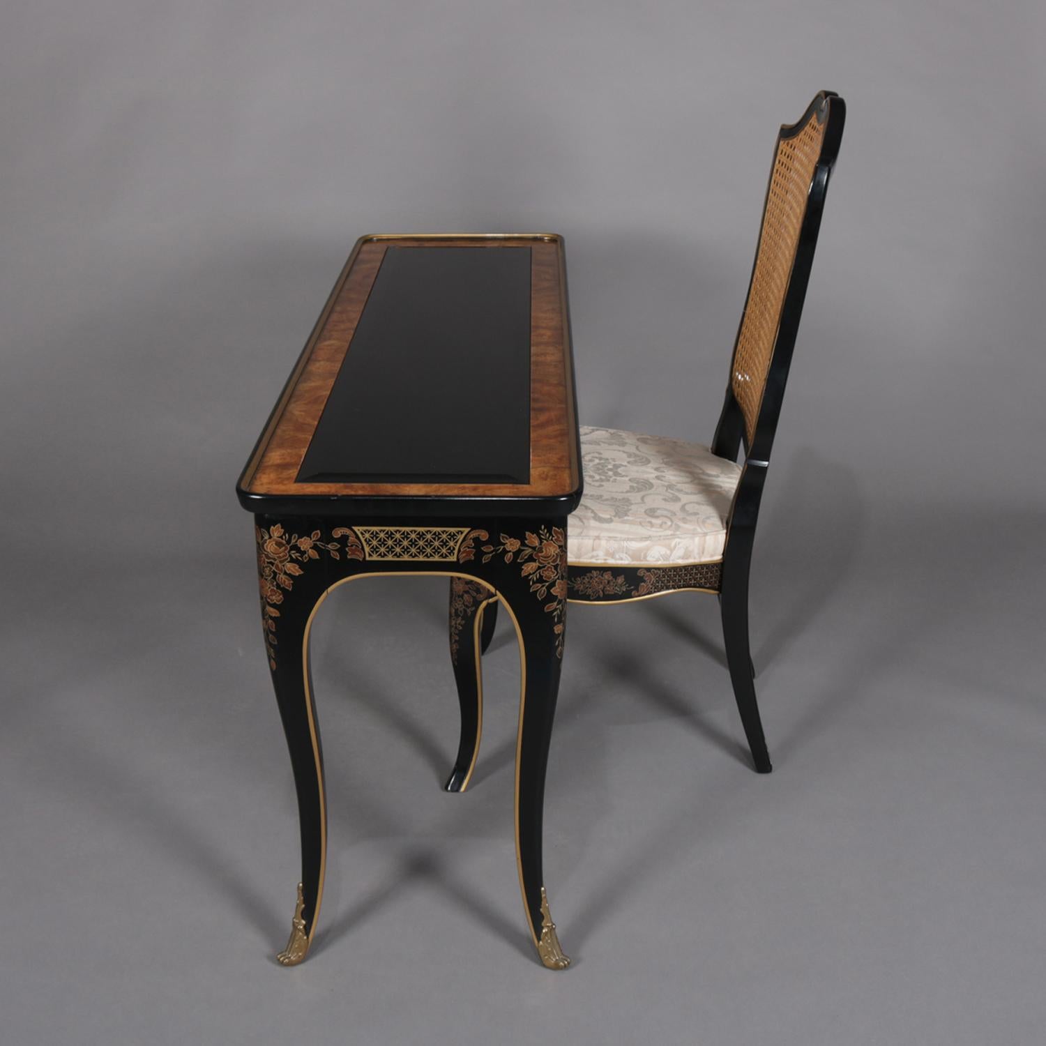 Chinoiserie Ebonized & Gilt Ladies Writing Desk & Cane Back Chair, 20th Century In Good Condition In Big Flats, NY