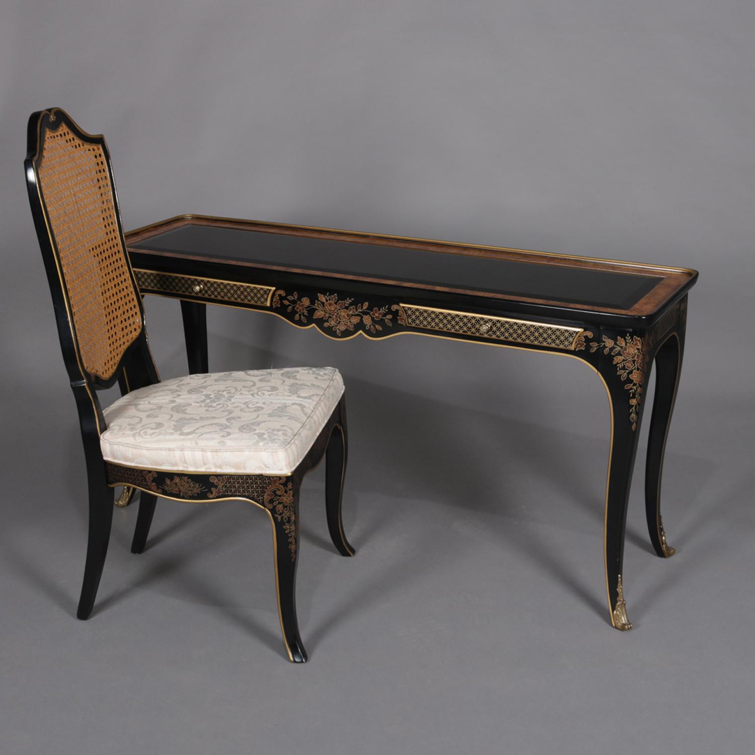 Wood Chinoiserie Ebonized & Gilt Ladies Writing Desk & Cane Back Chair, 20th Century