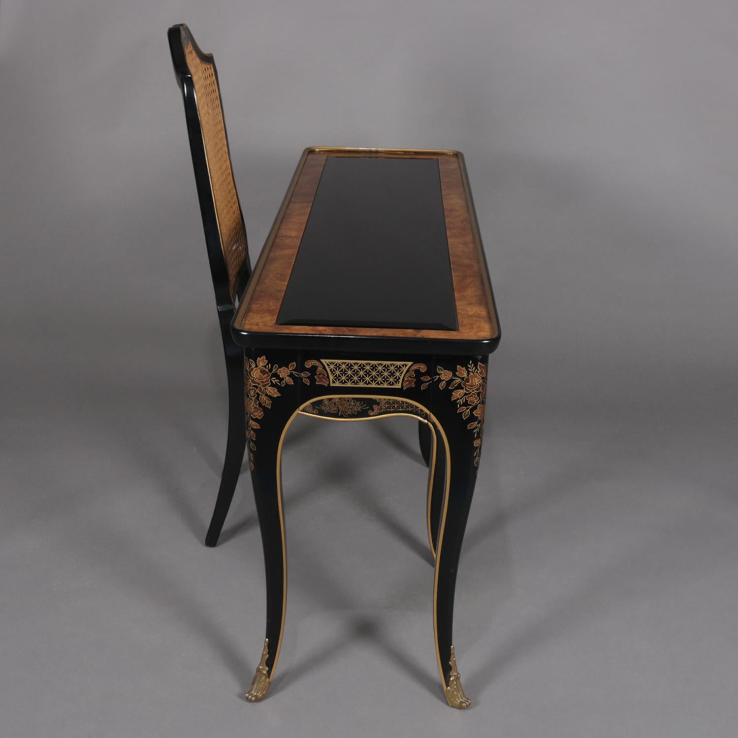 Chinoiserie Ebonized & Gilt Ladies Writing Desk & Cane Back Chair, 20th Century 4