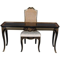 Chinoiserie Ebonized & Gilt Ladies Writing Desk & Cane Back Chair, 20th Century