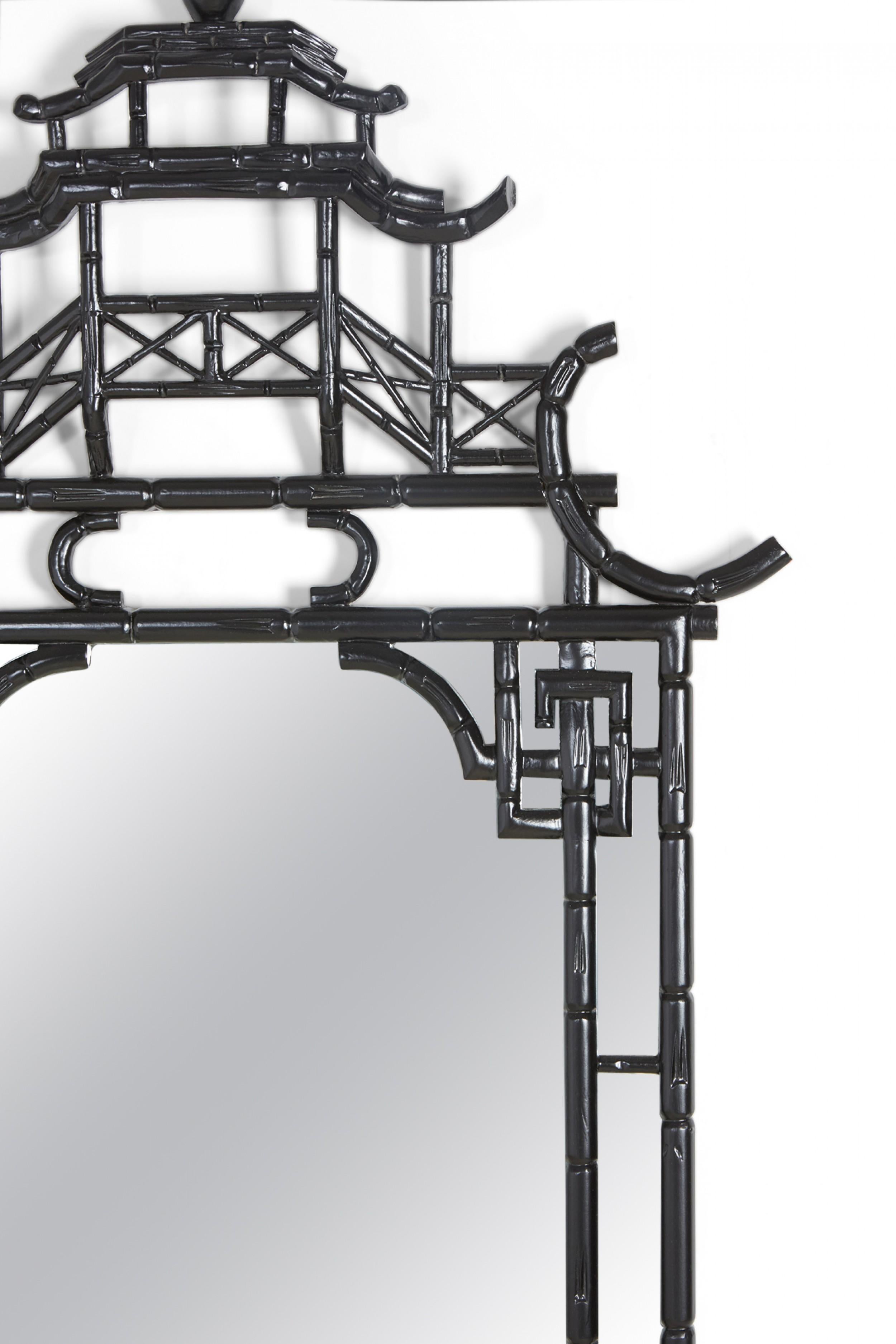 Chinoiserie Ebonized Pagoda Pediment Wall Mirror In Good Condition In New York, NY