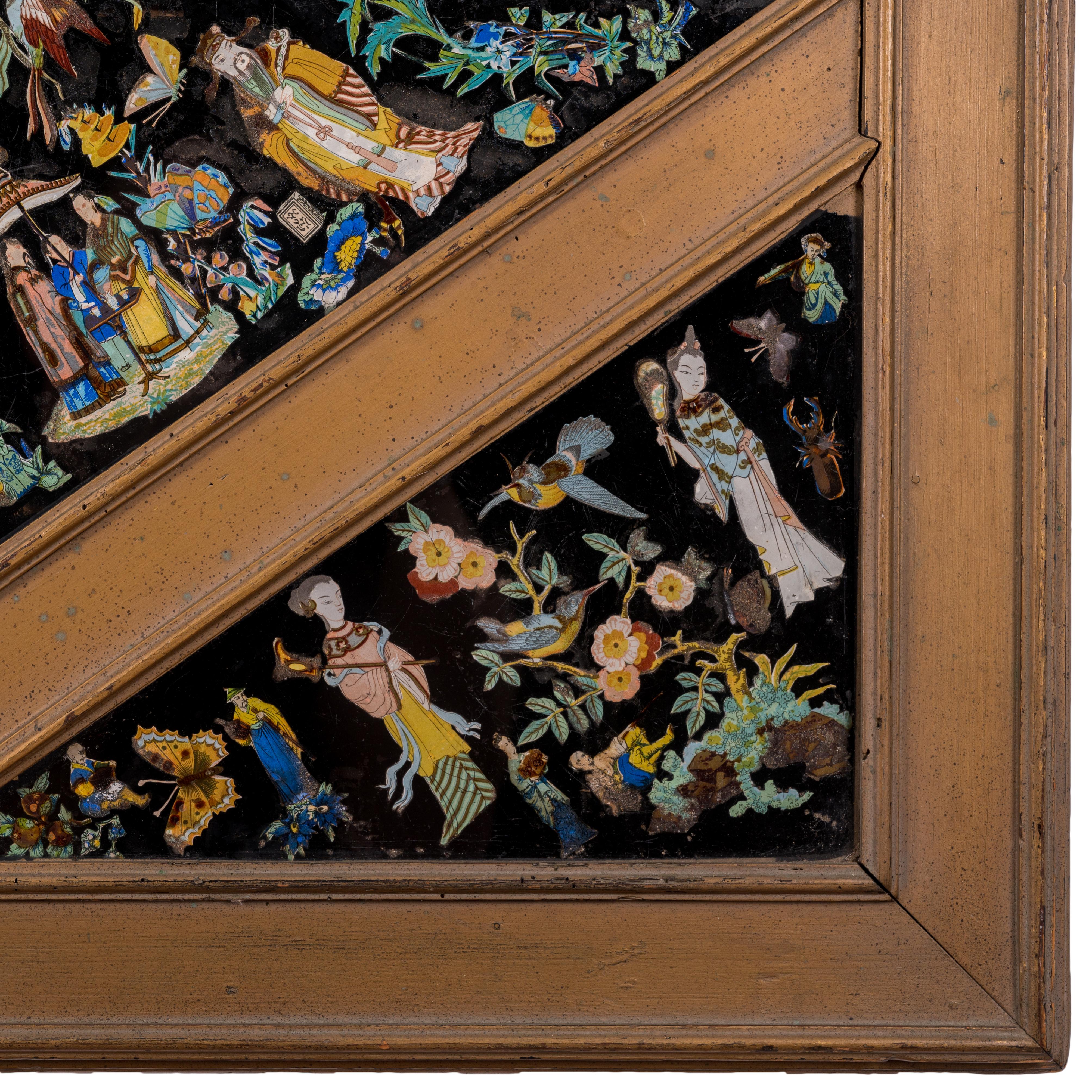 Chinoiserie Eglomise-Glastafel aus Glas, 19. Jahrhundert im Zustand „Relativ gut“ im Angebot in Savannah, GA