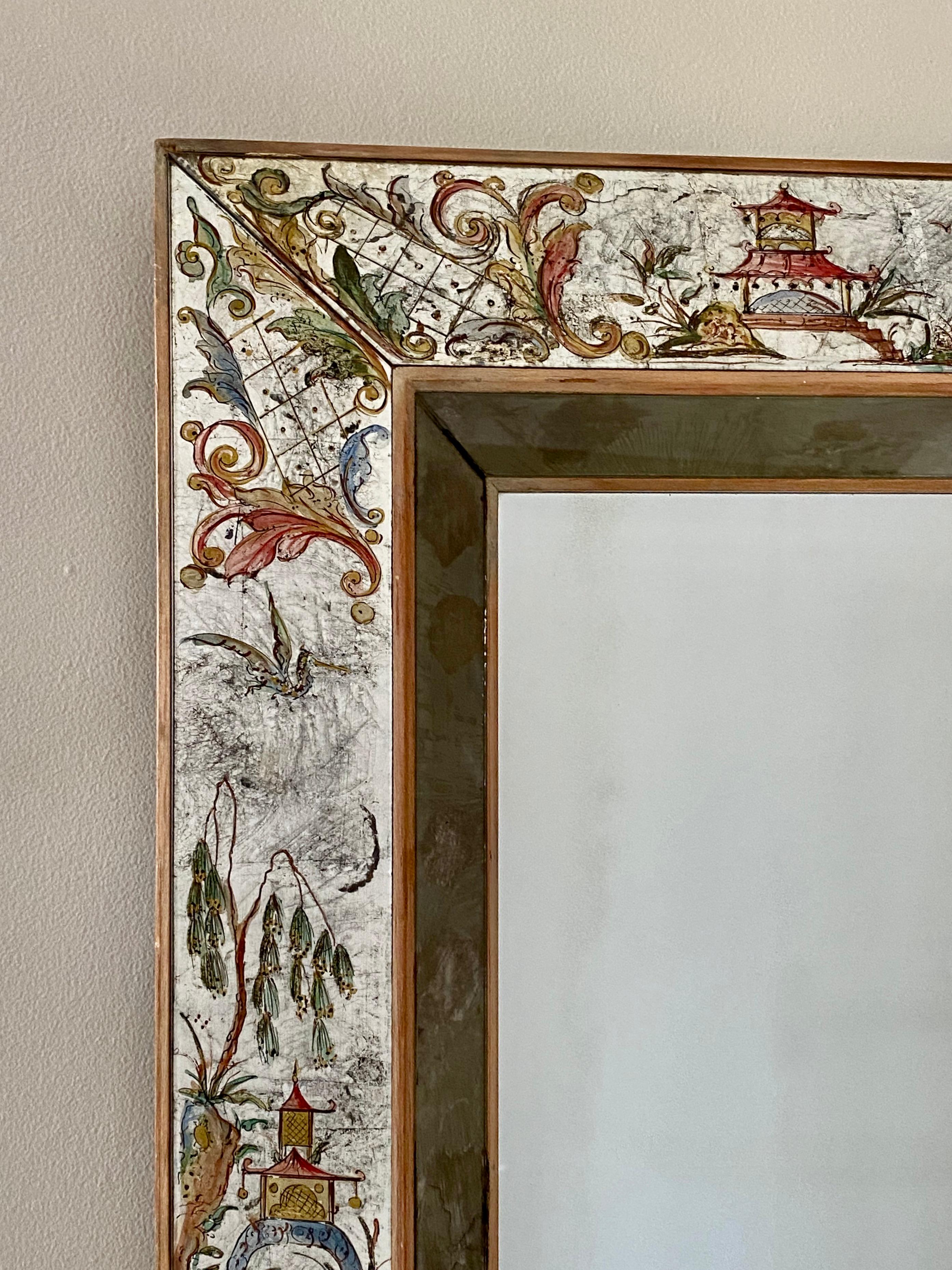 Limed Chinoiserie Elgomisé Wall Mirror in the Style of Maison Jansen For Sale