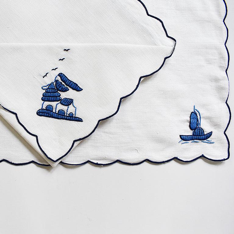 Chinoiserie Embroidered Linen Placemat and Napkin Set in Blue and White