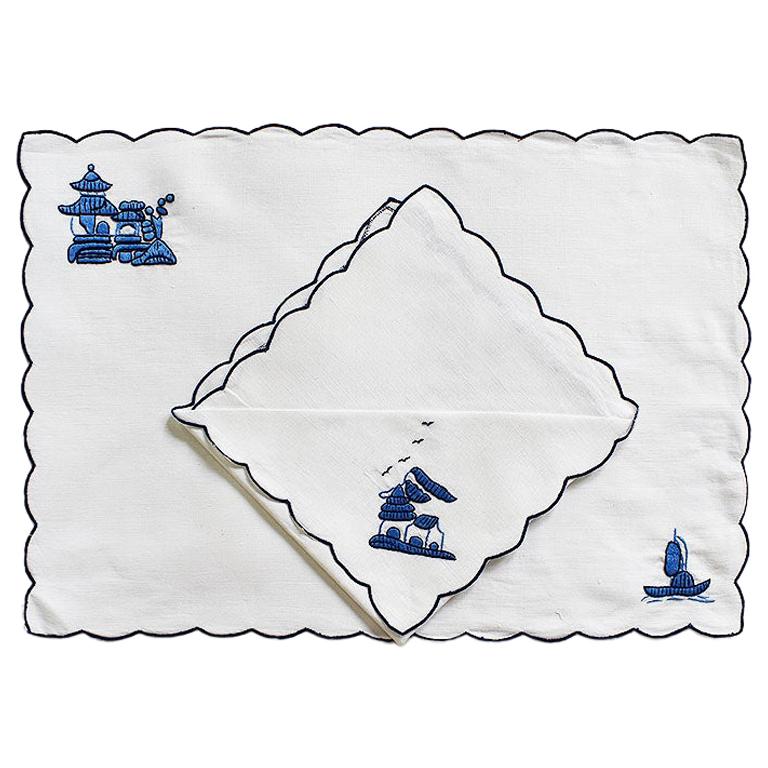 Chinoiserie Embroidered Linen Placemat and Napkin Set in Blue and White Set of 4 For Sale