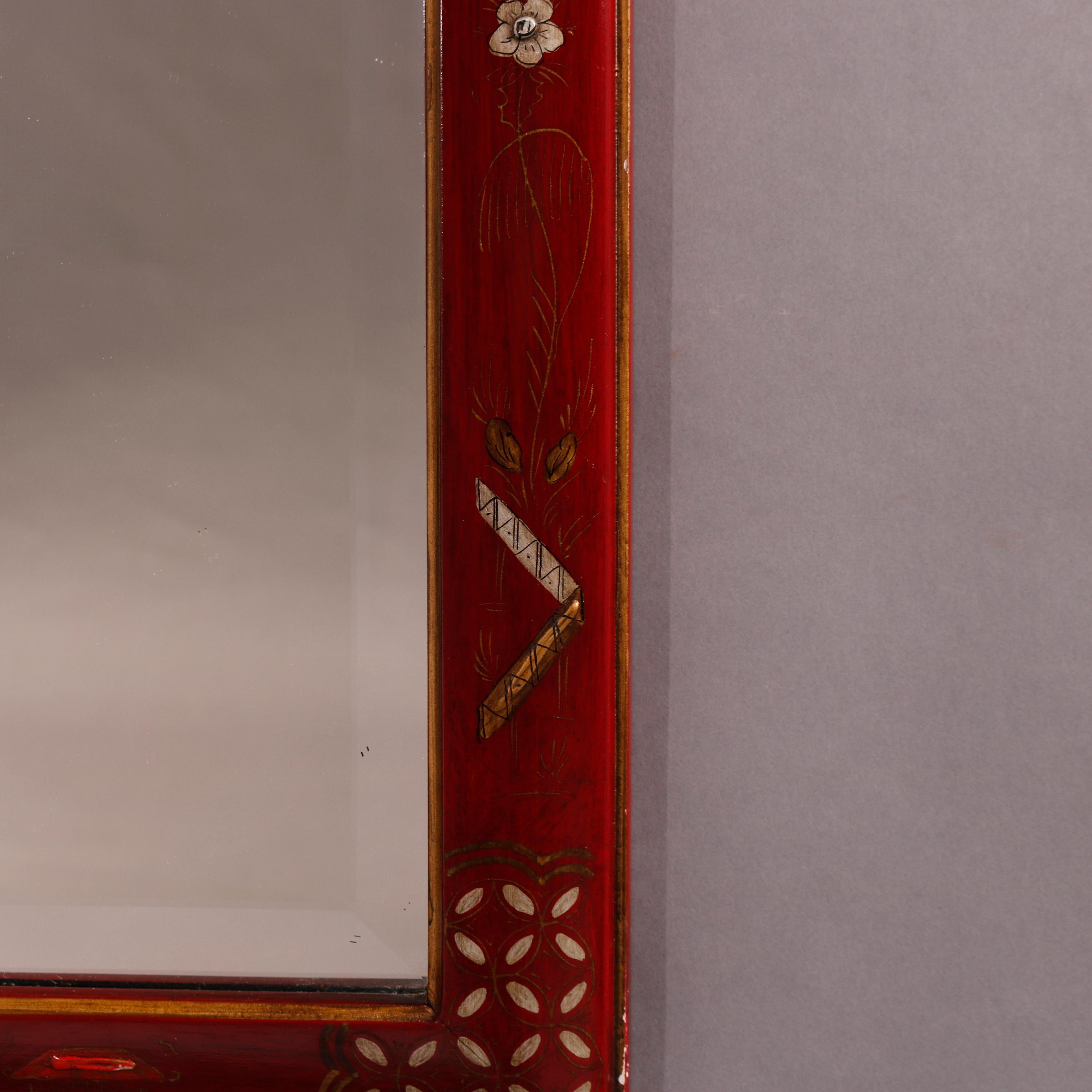 Chinoiserie Enamel Decorated Vermillion Red Wall Mirror 20th C 5