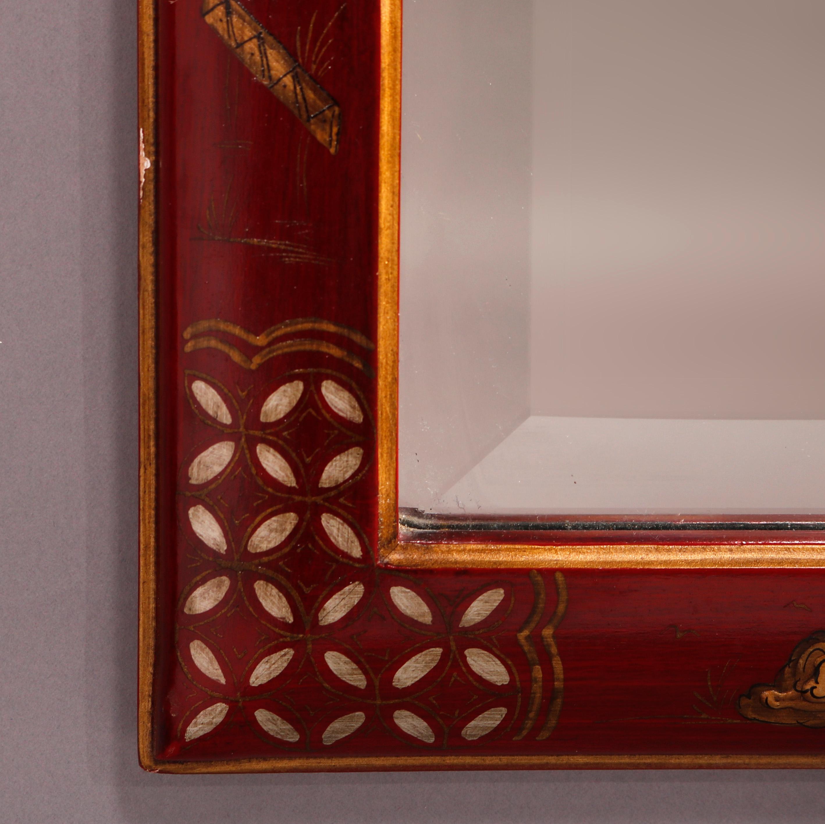 Chinoiserie Enamel Decorated Vermillion Red Wall Mirror 20th C 6