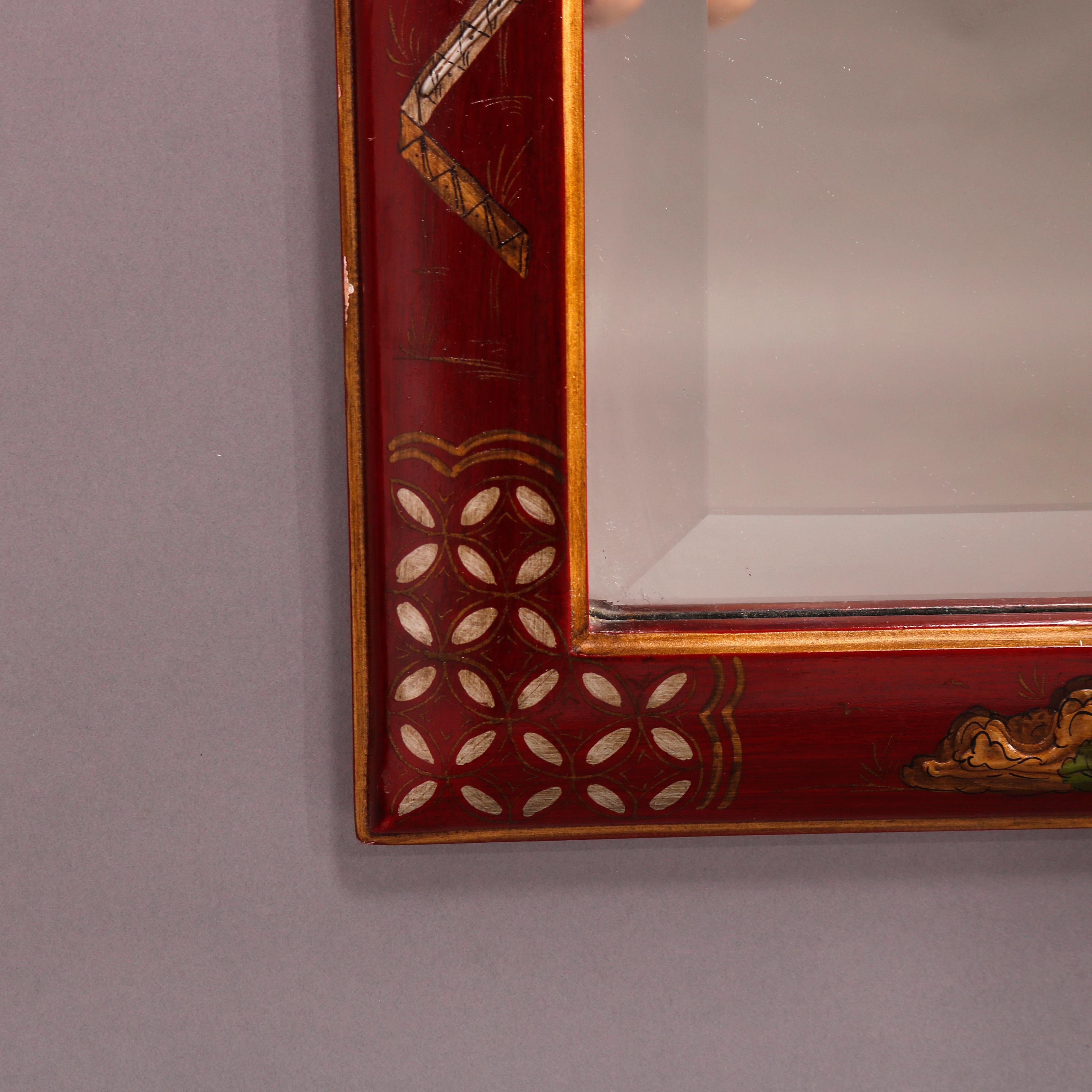 Chinoiserie Enamel Decorated Vermillion Red Wall Mirror 20th C 7