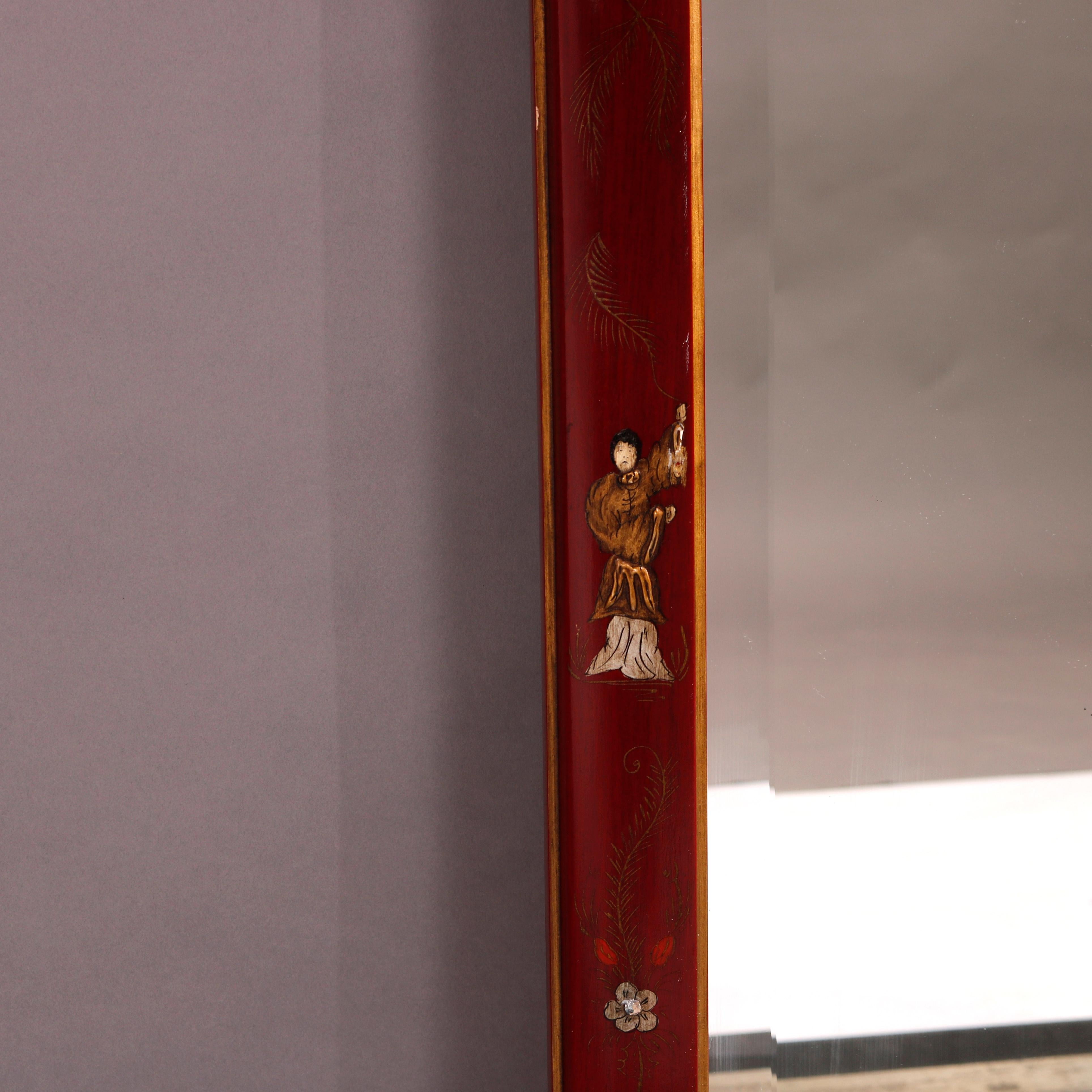Vermillion-Roter Wandspiegel mit Emaille-Dekor, 20. Jahrhundert, Chinoiserie im Angebot 8