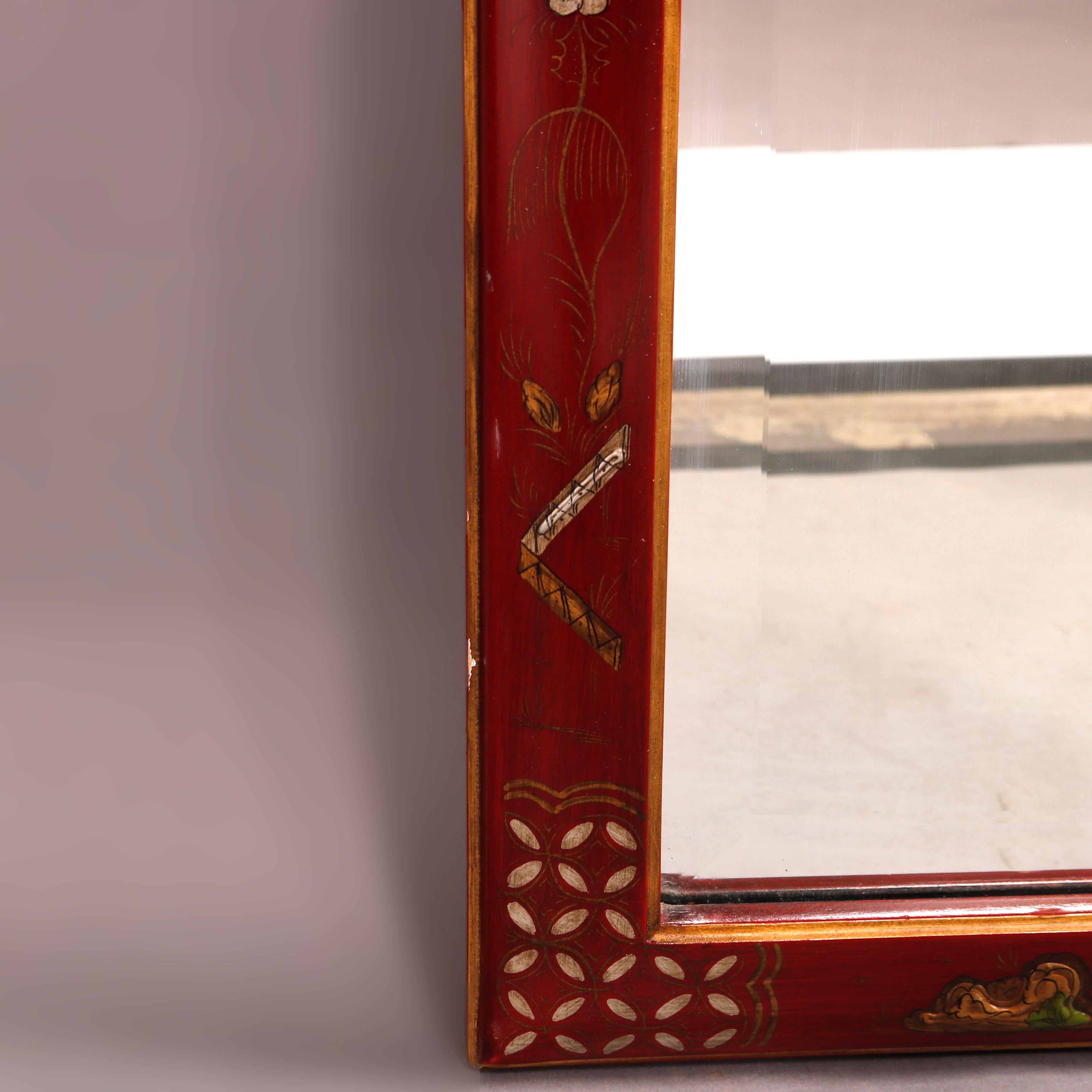 Chinoiserie Enamel Decorated Vermillion Red Wall Mirror 20th C 9