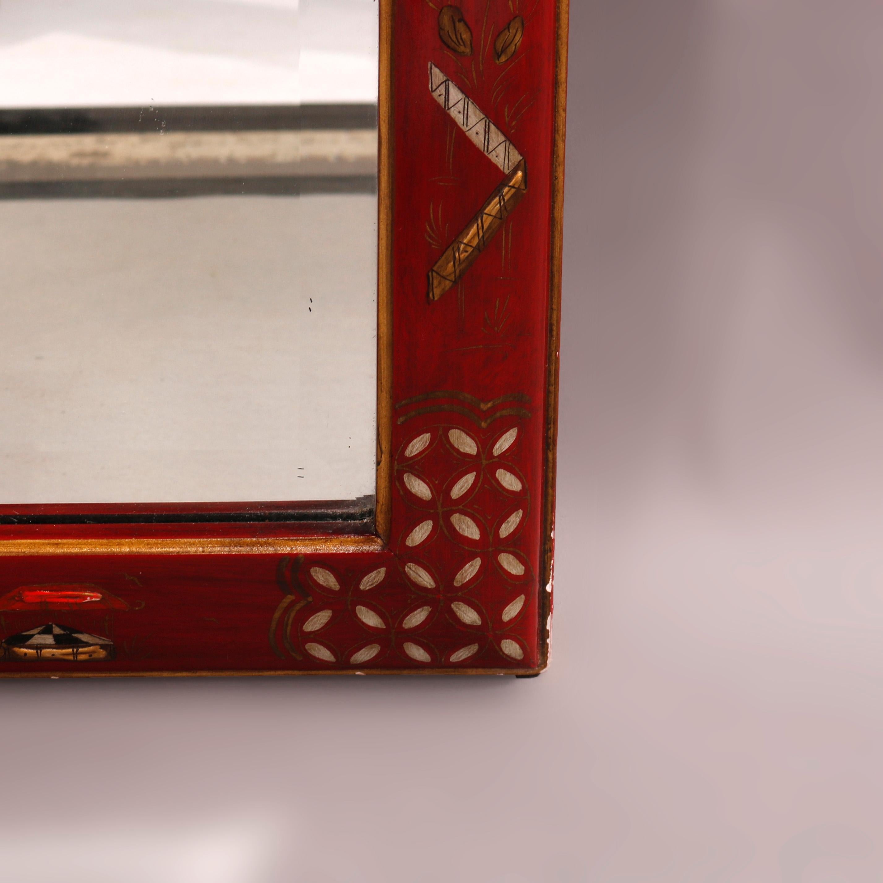 Chinoiserie Enamel Decorated Vermillion Red Wall Mirror 20th C 10