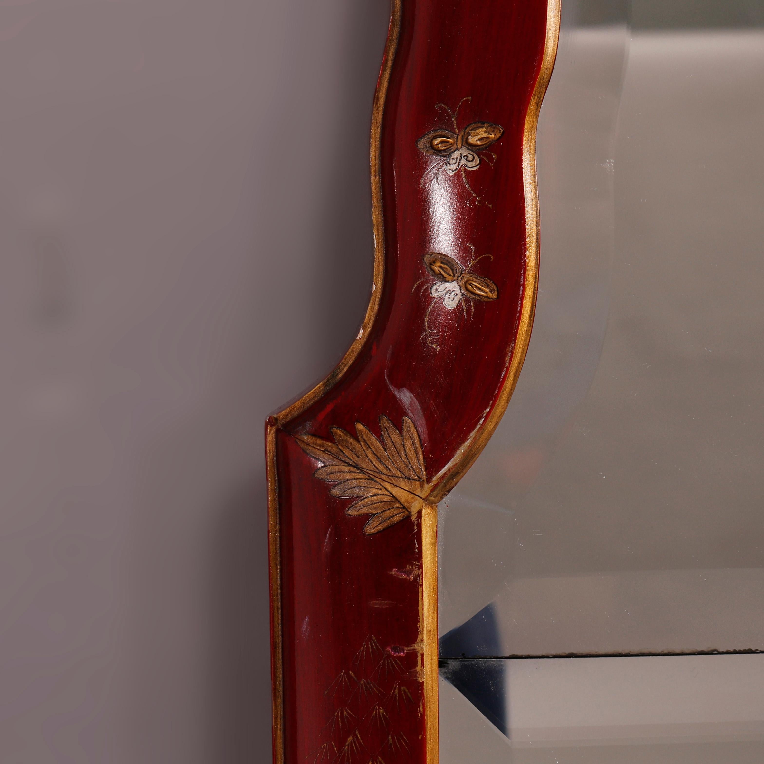 Chinoiserie Enamel Decorated Vermillion Red Wall Mirror 20th C 12