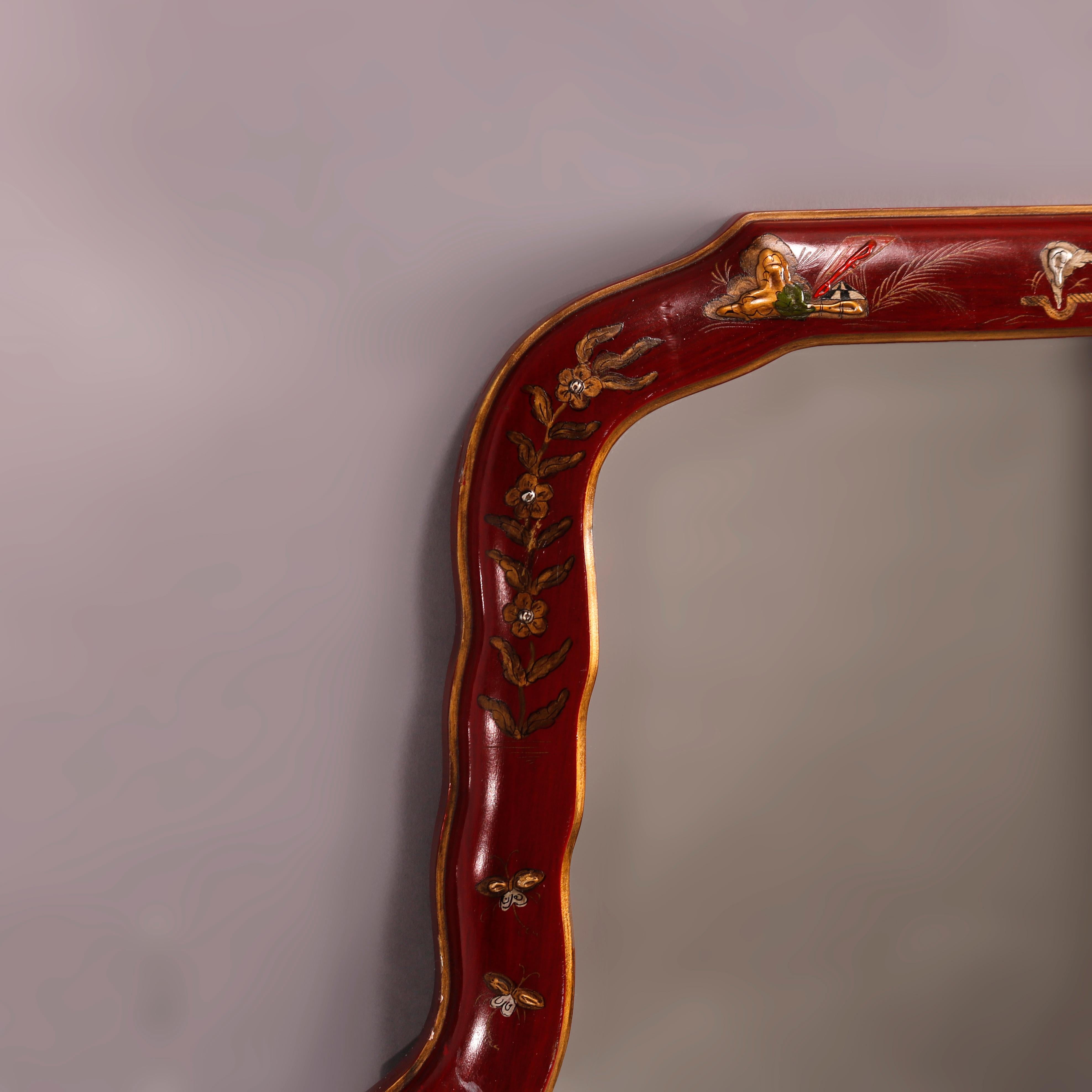 Hand-Painted Chinoiserie Enamel Decorated Vermillion Red Wall Mirror 20th C