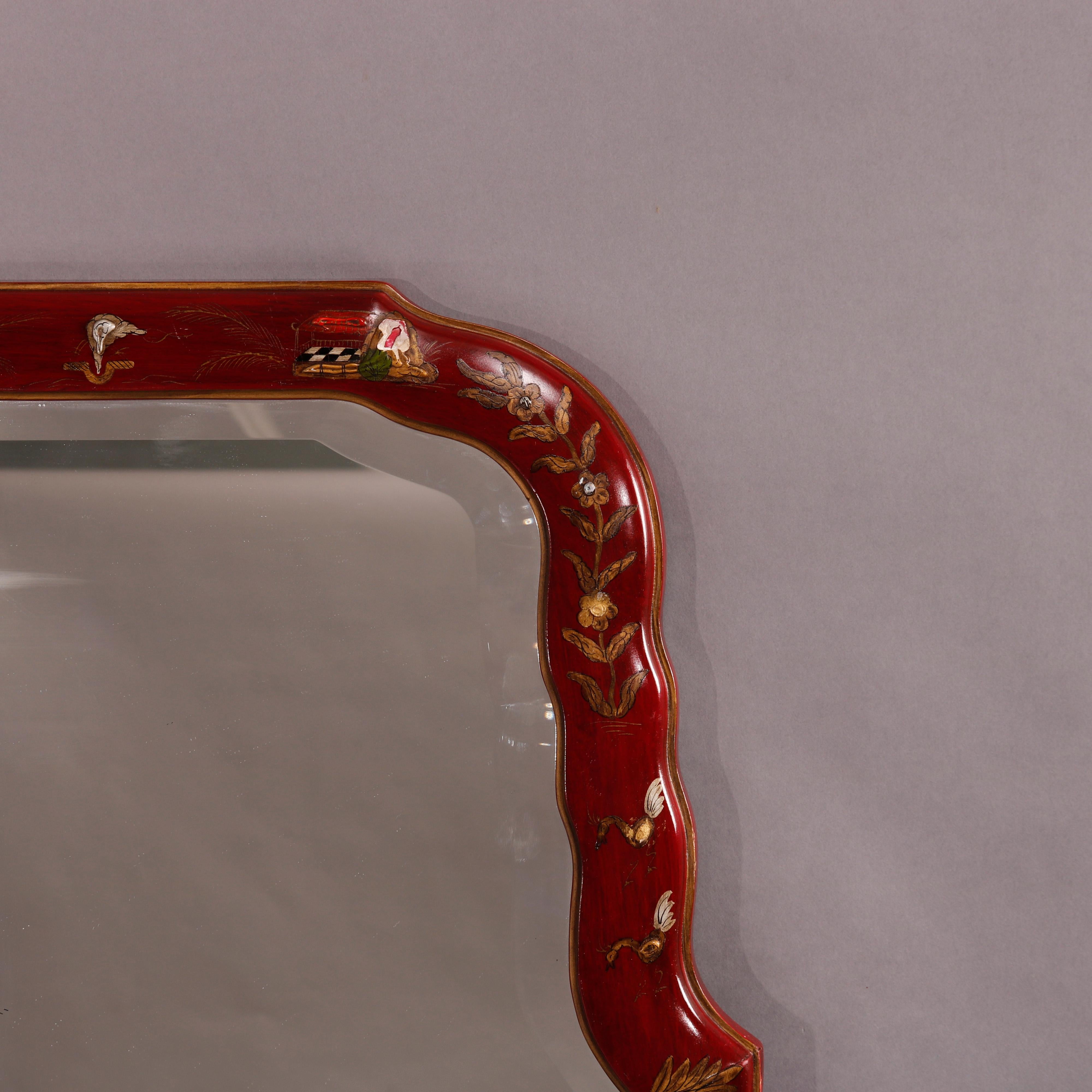 Chinoiserie Enamel Decorated Vermillion Red Wall Mirror 20th C 2