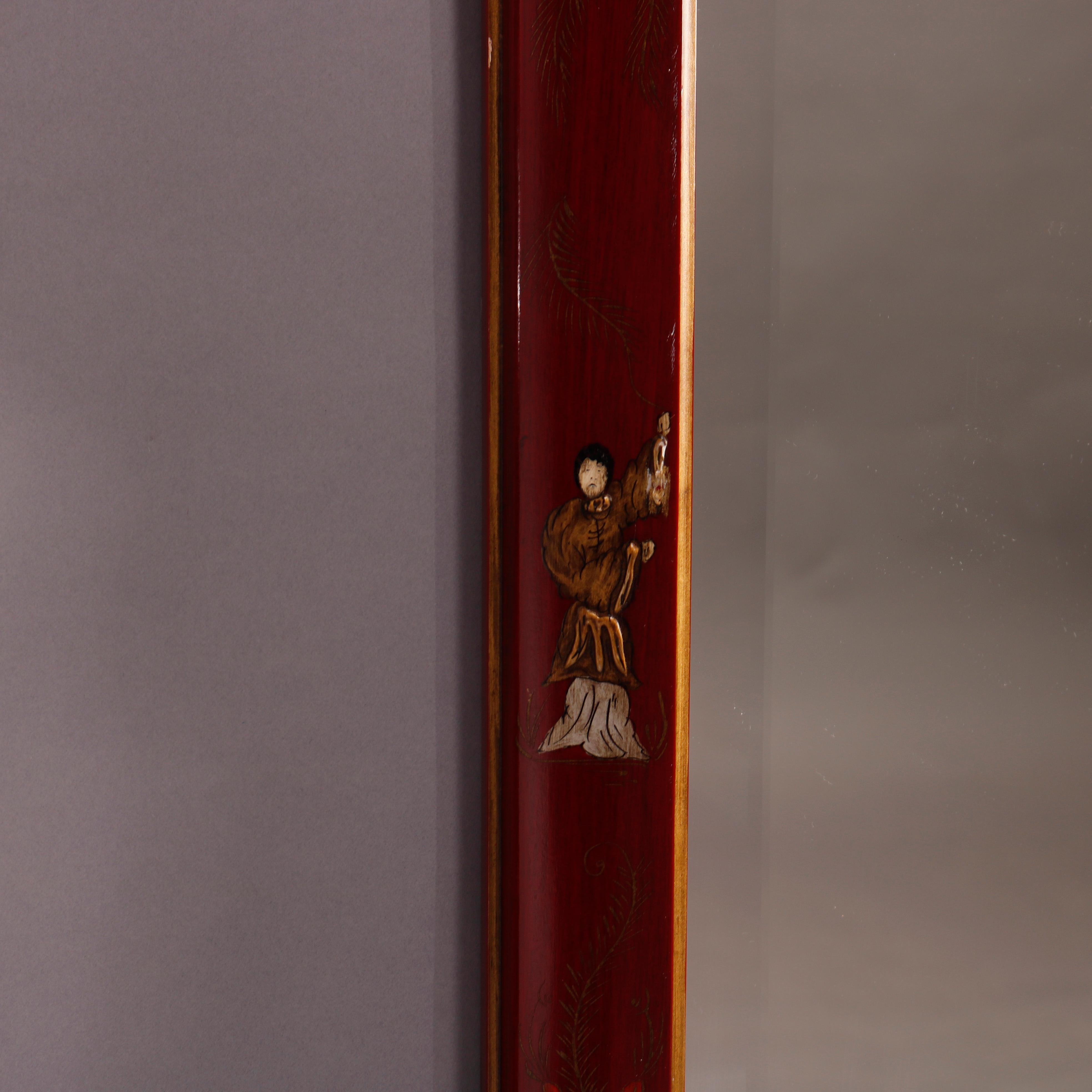 Miroir mural rouge vermillion décoré d'émail de style chinoiseries, 20e siècle en vente 1