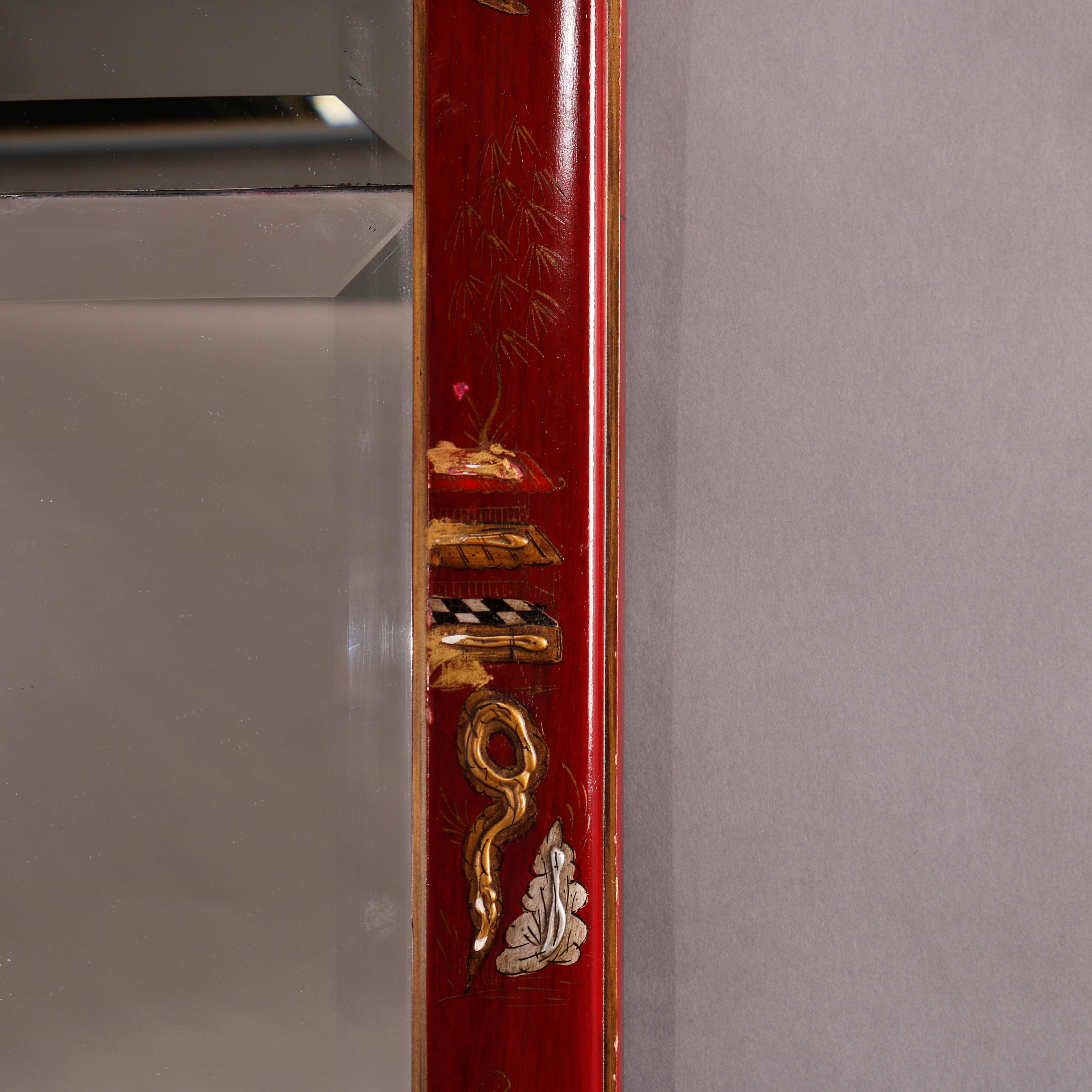 Chinoiserie Enamel Decorated Vermillion Red Wall Mirror 20th C 4