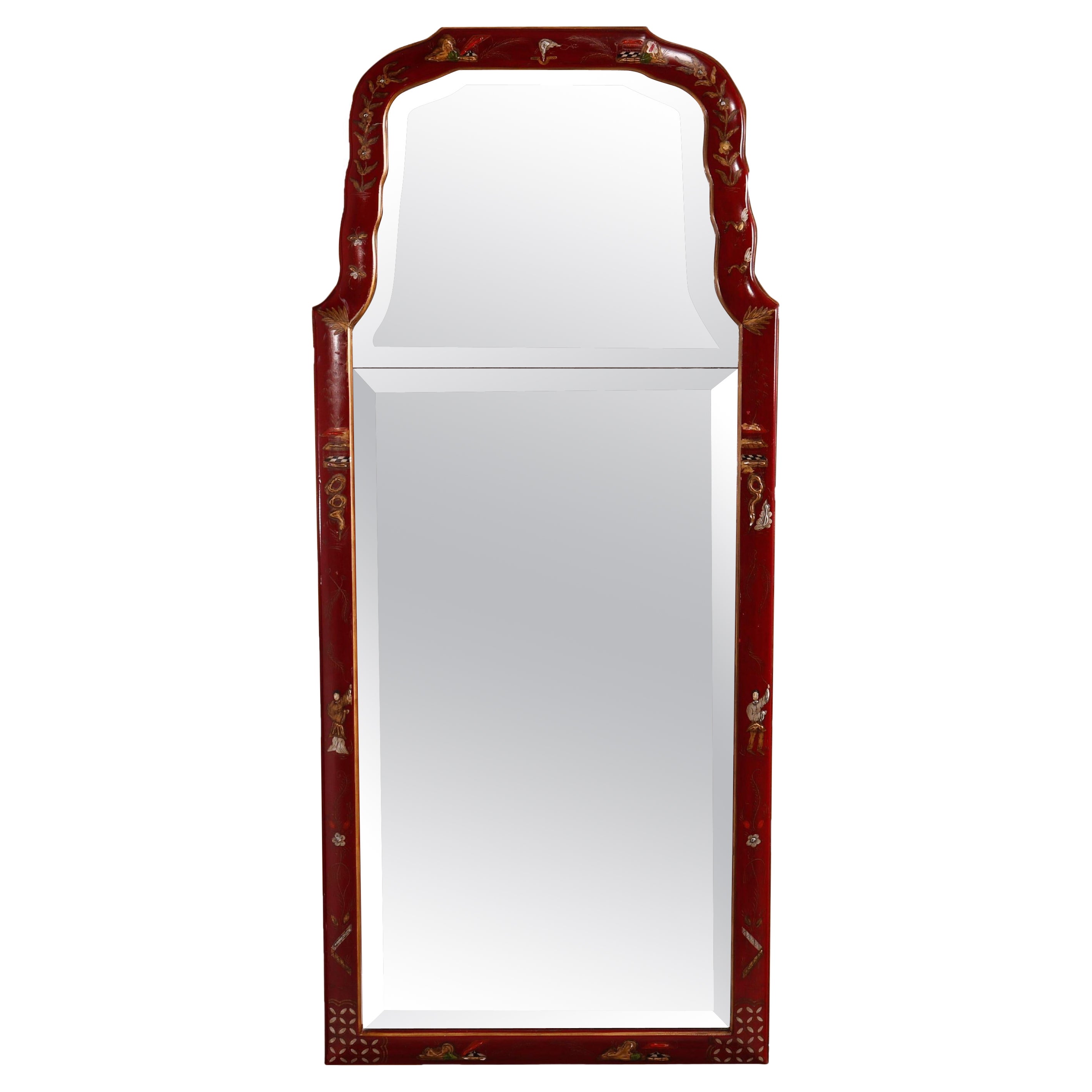 Chinoiserie Enamel Decorated Vermillion Red Wall Mirror 20th C