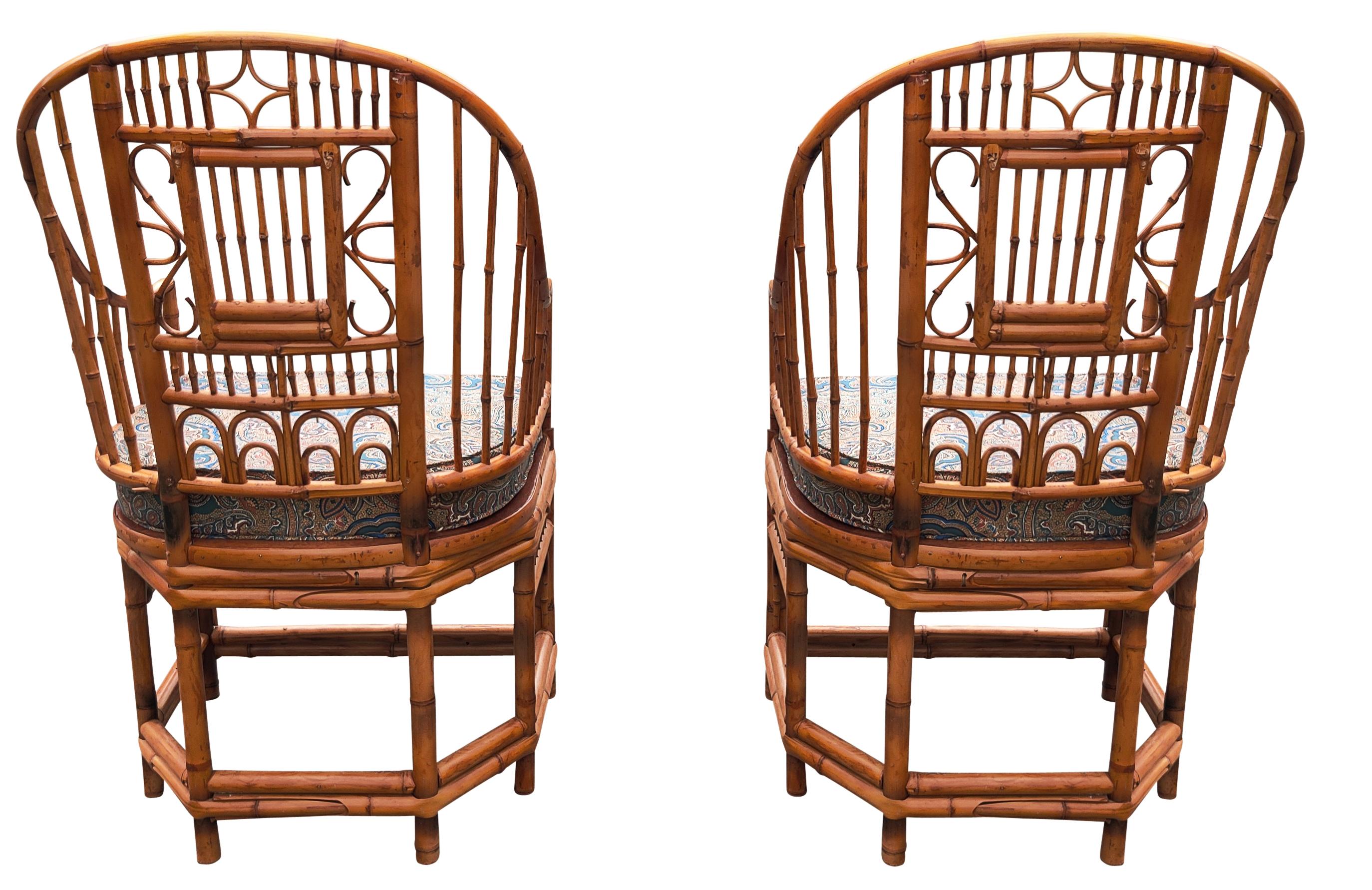 Late 20th Century Chinoiserie English Bamboo Cane Pair Armchairs, Manner of Brighton Pavilion