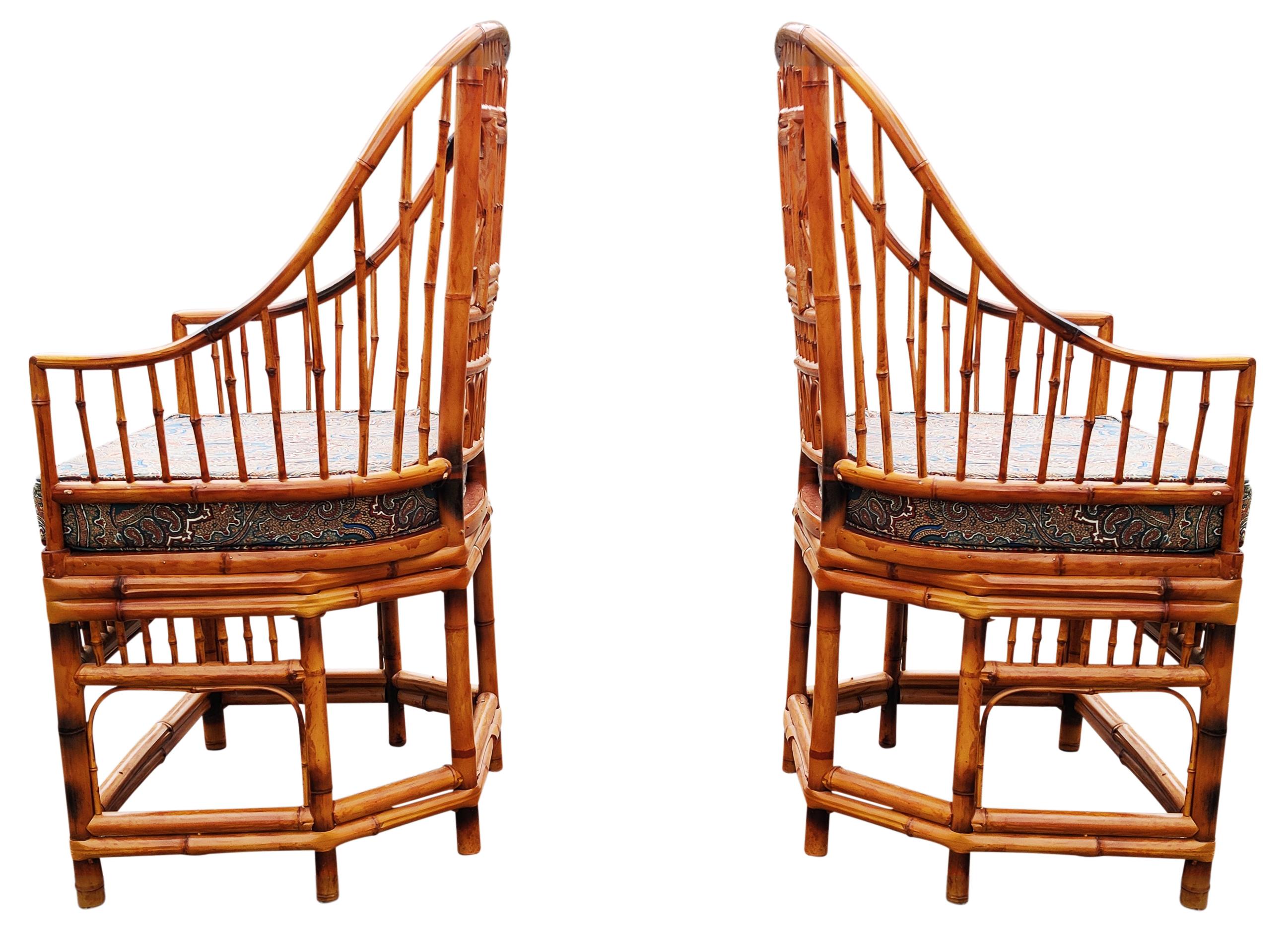 Chinoiserie English Bamboo Cane Pair Armchairs, Manner of Brighton Pavilion 1