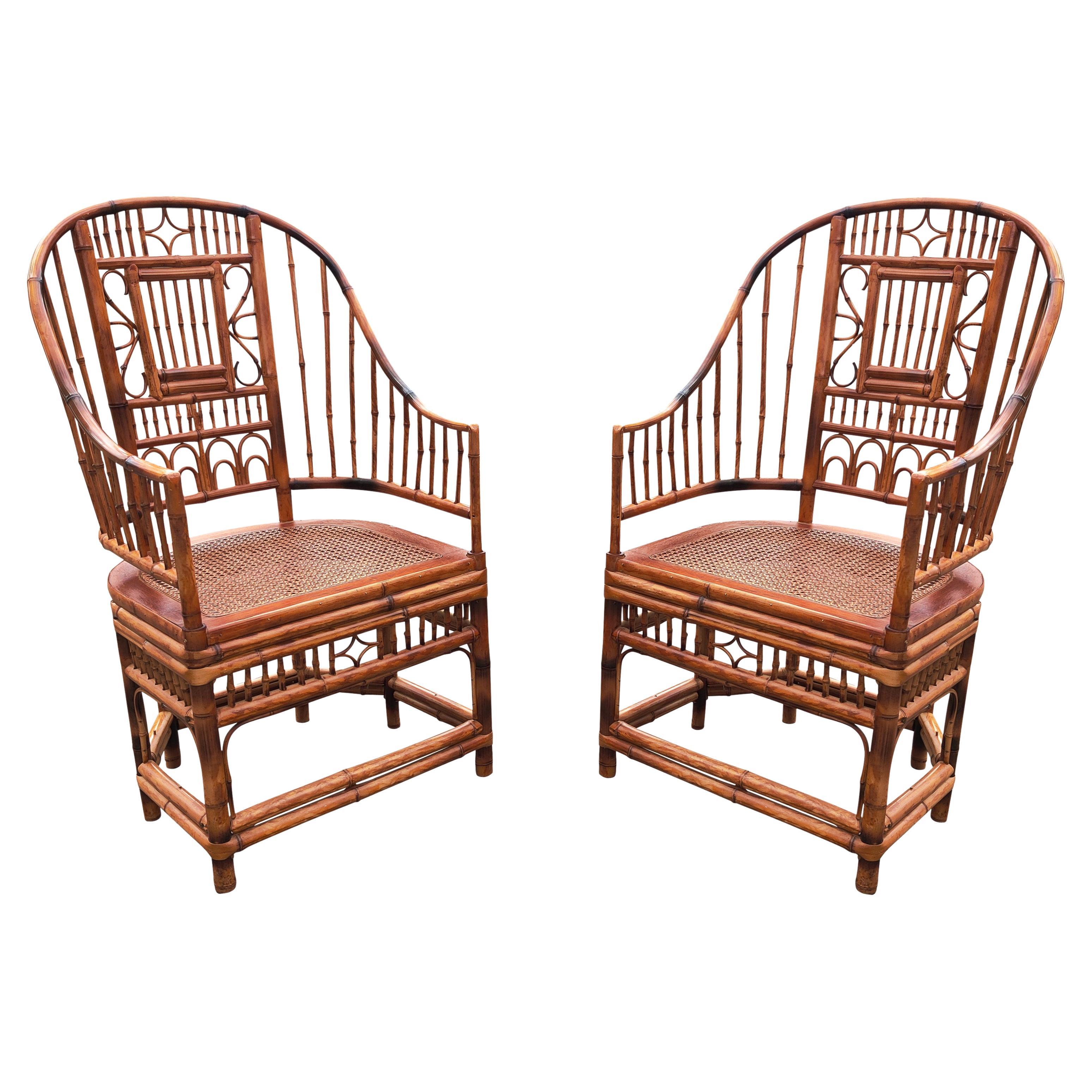 Chinoiserie English Bamboo Cane Pair Armchairs, Manner of Brighton Pavilion