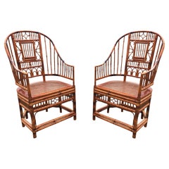 Chinoiserie English Bamboo Cane Pair Armchairs, Manner of Brighton Pavilion