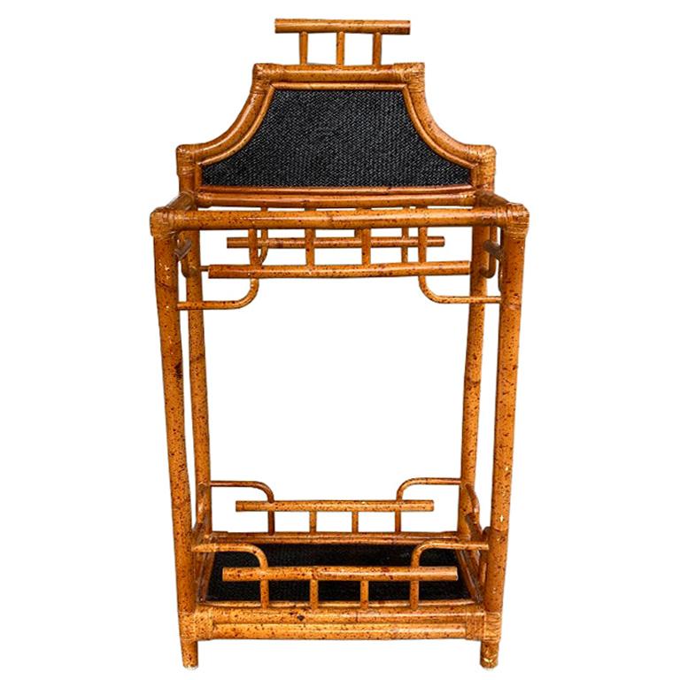 Chinoiserie English Burnt Bamboo and Wicker Pagoda Motif Umbrella Stand For Sale