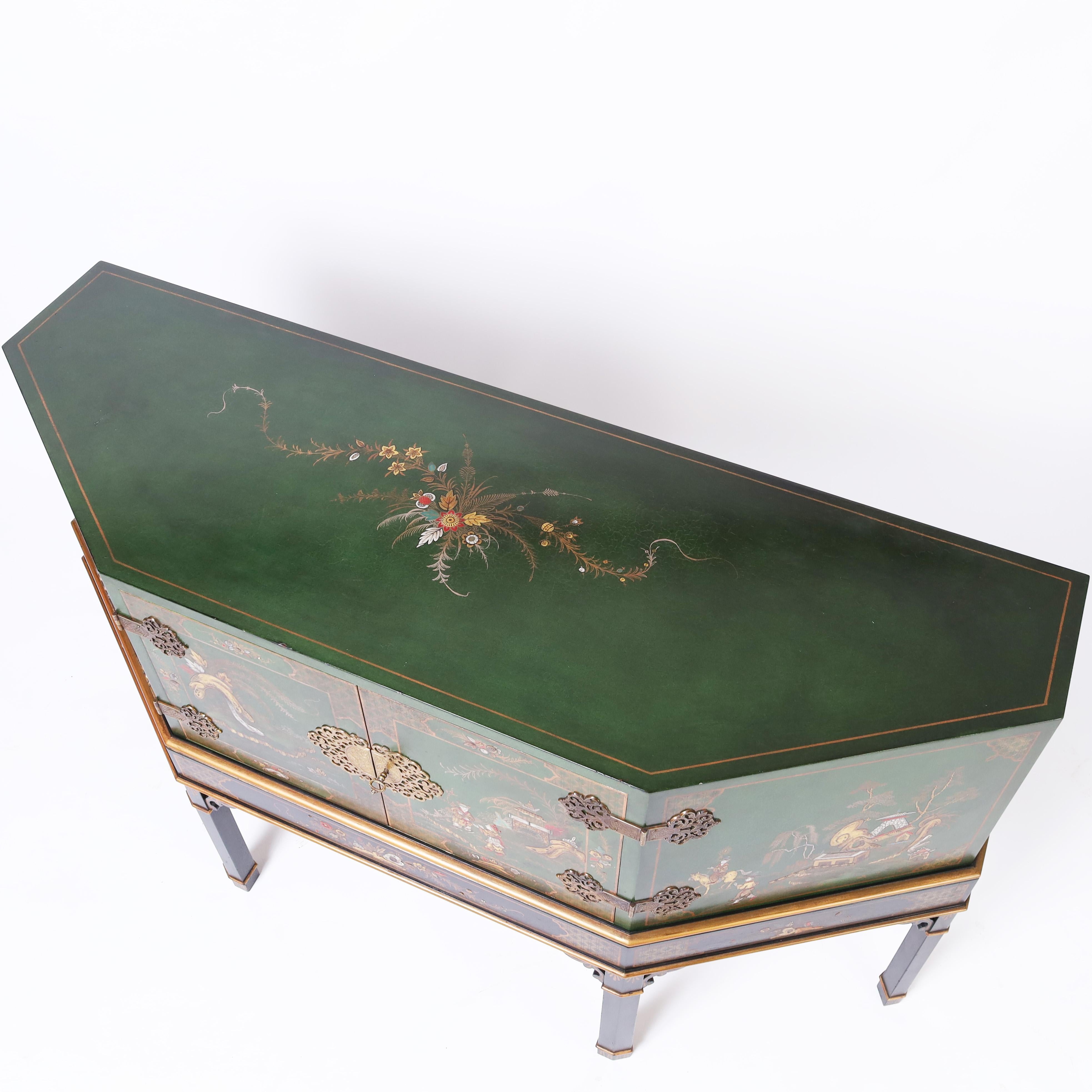 Hand-Painted Chinoiserie English Green Cabinet on Stand For Sale