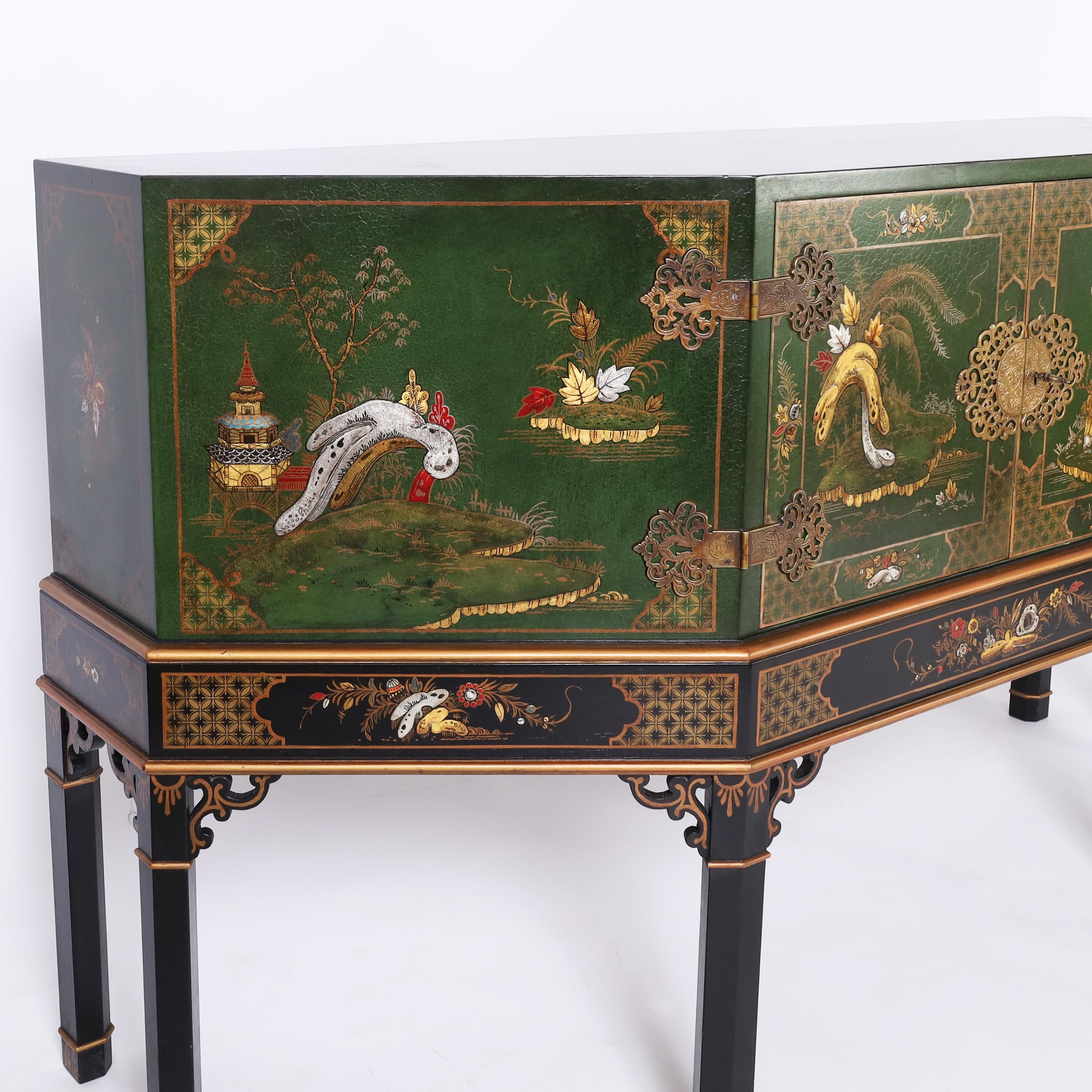 20th Century Chinoiserie English Green Cabinet on Stand For Sale