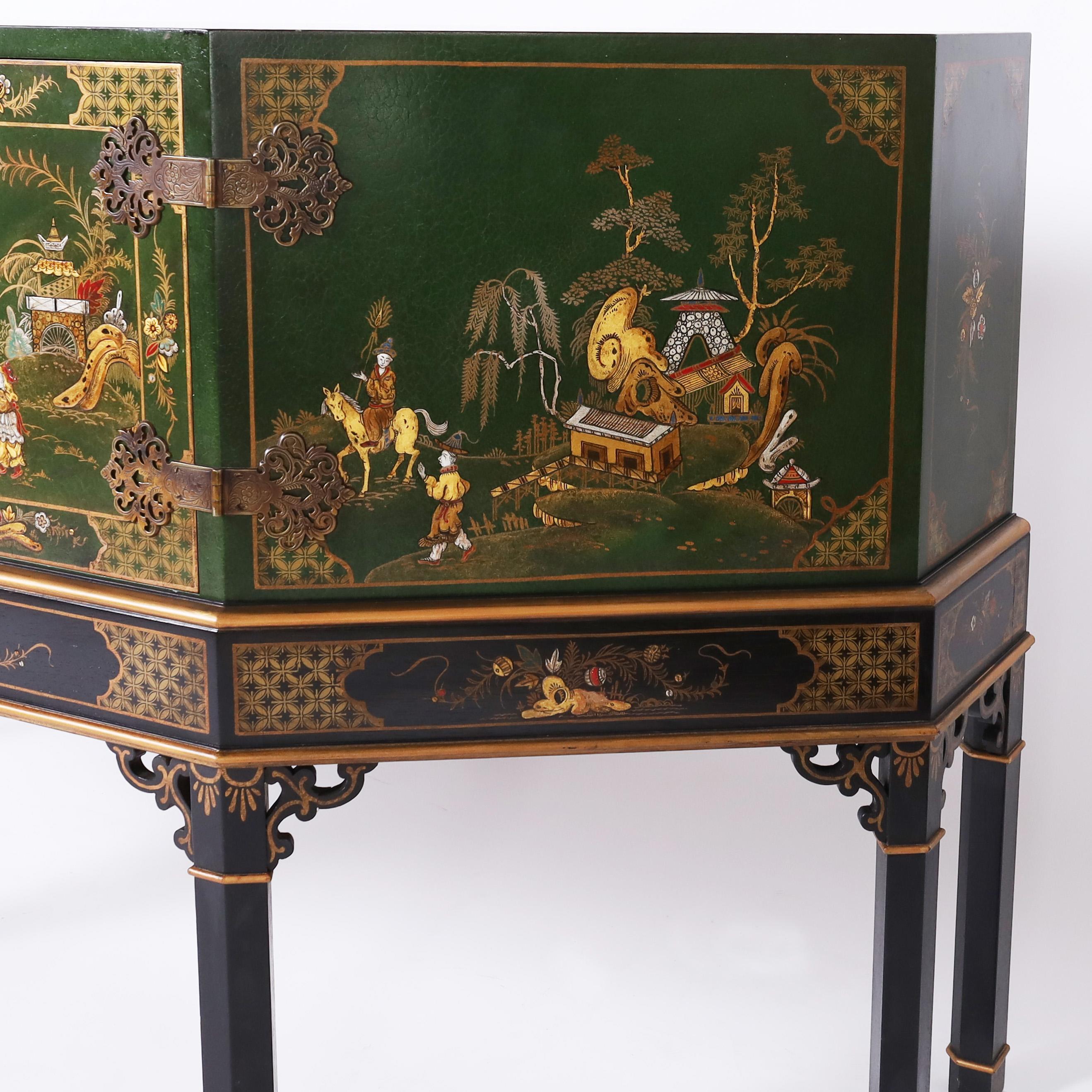 Chinoiserie English Green Cabinet on Stand For Sale 3