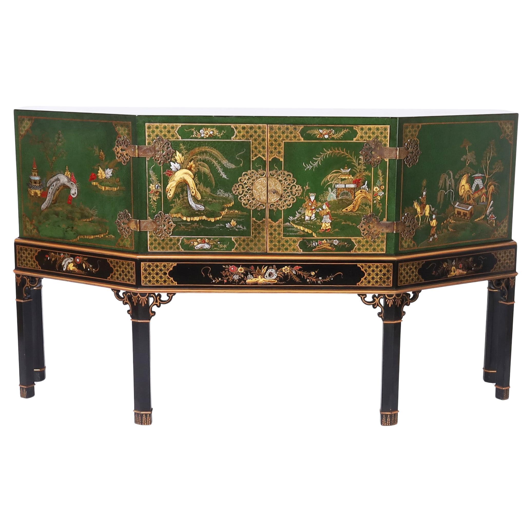 Chinoiserie English Green Cabinet on Stand For Sale